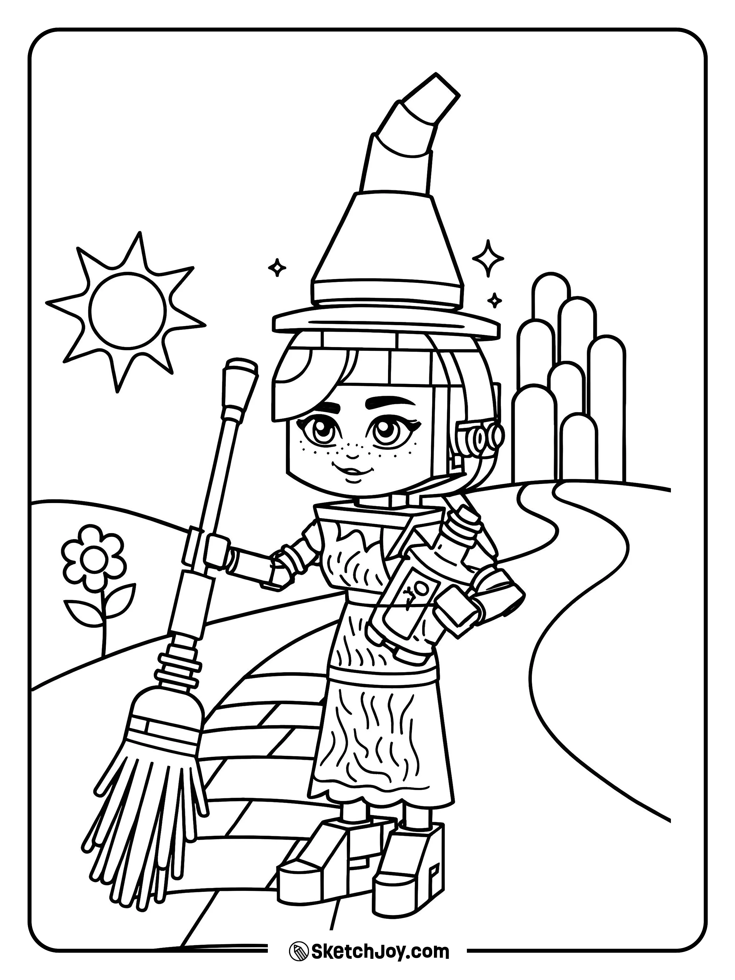 Elphaba walks the brick road with a broom and a potion in a fun Lego style.