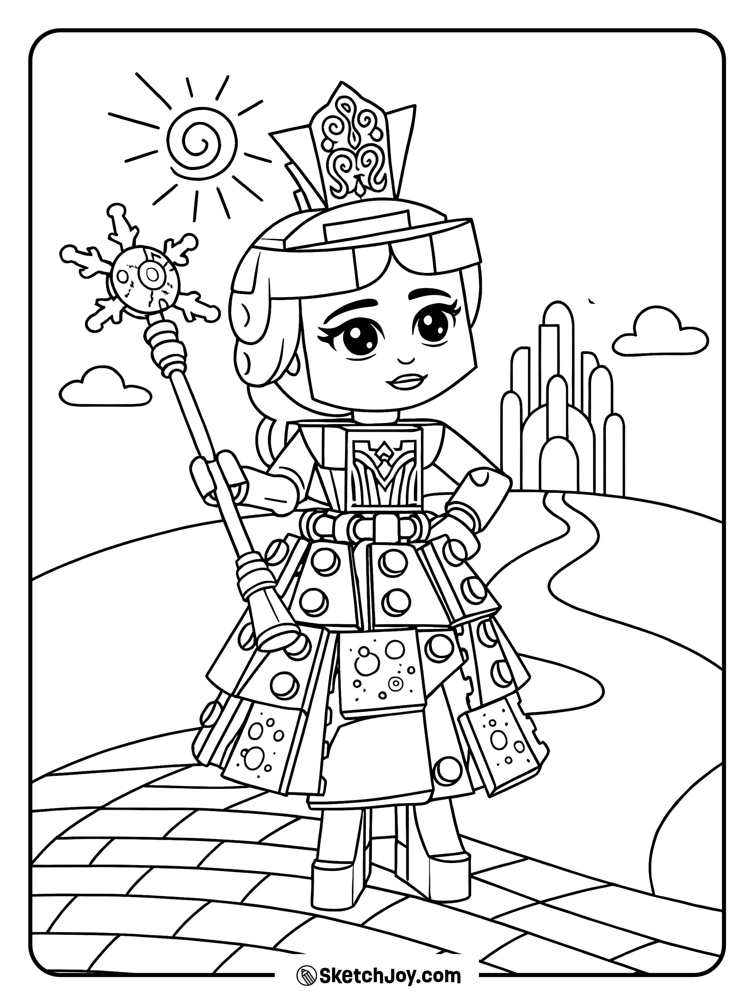 Glinda stands proud with her wand on the brick road near Emerald City.