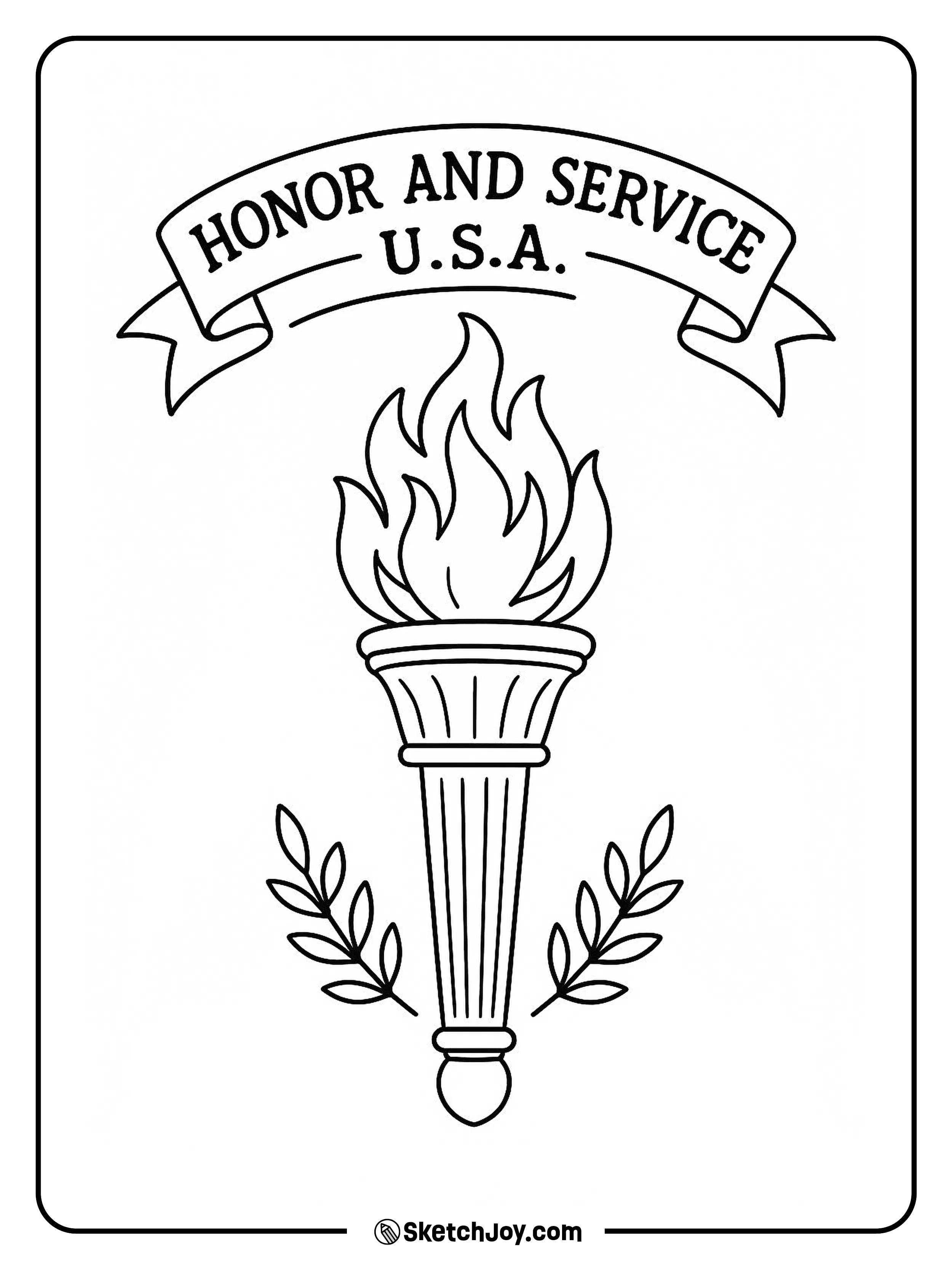 A torch rises under a short honor line.