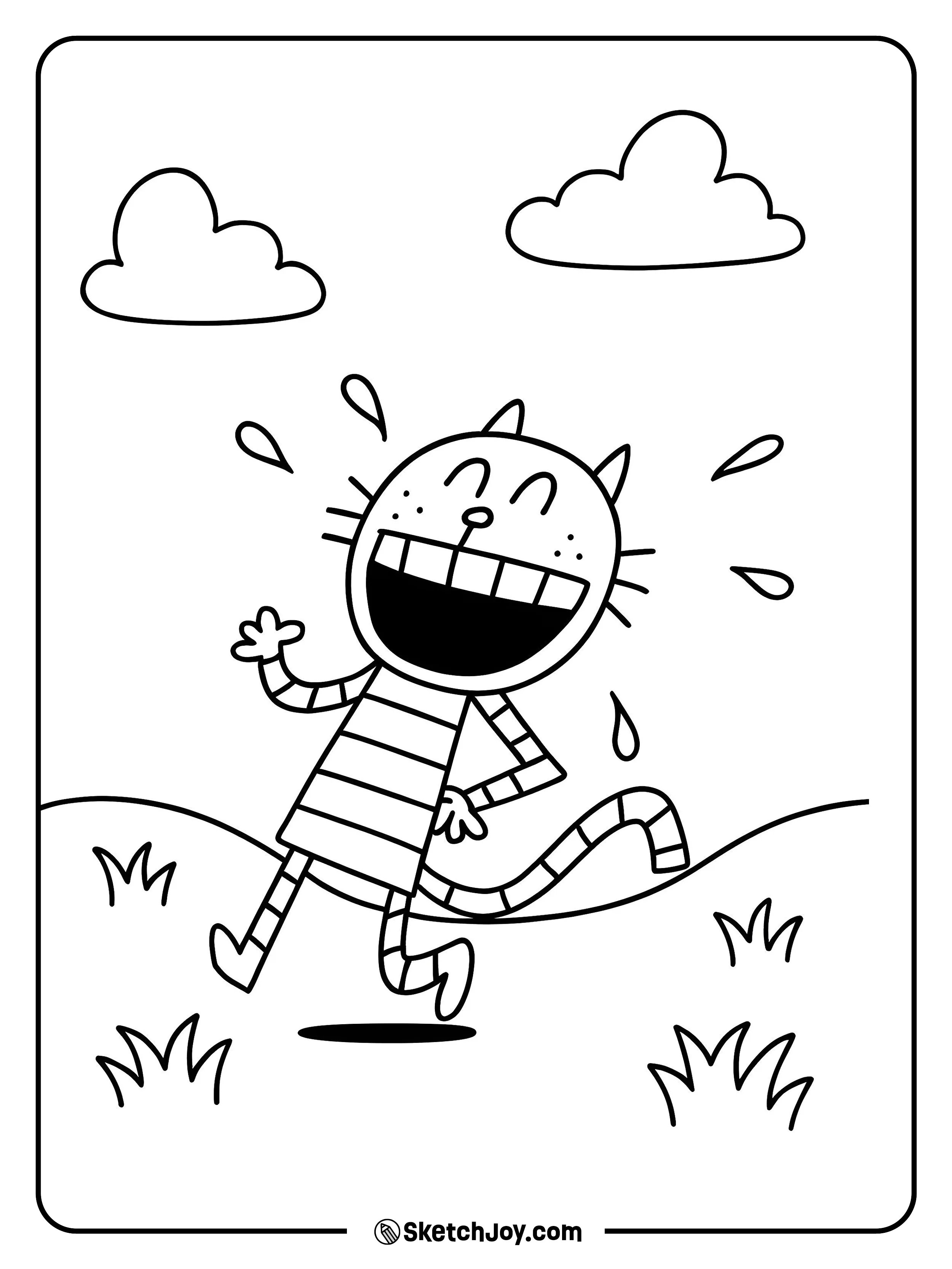 Petey the Cat laughs hard while jogging over small hills in the park.
