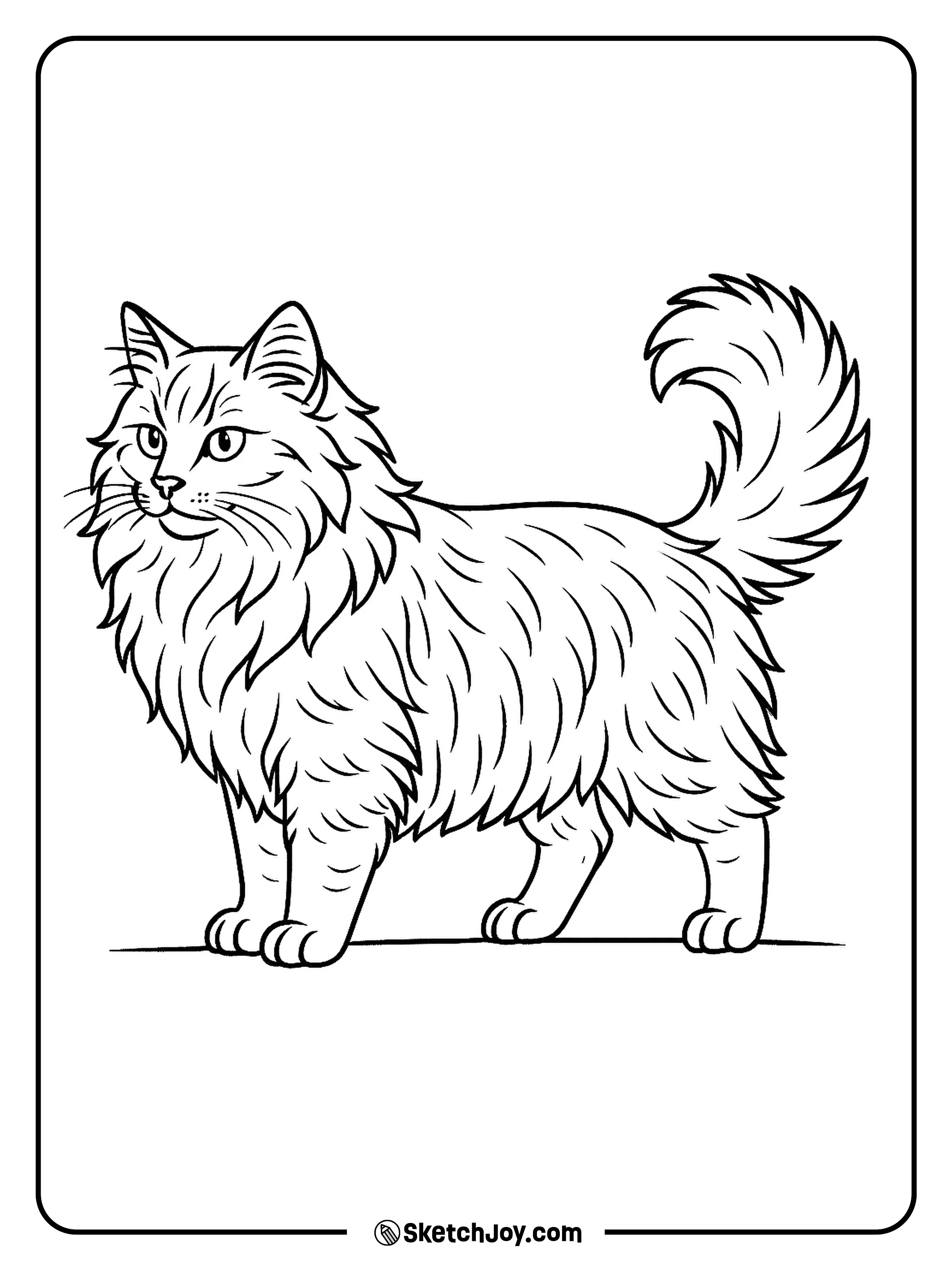 A long-haired cat stands in side view with a fluffy tail and calm look.