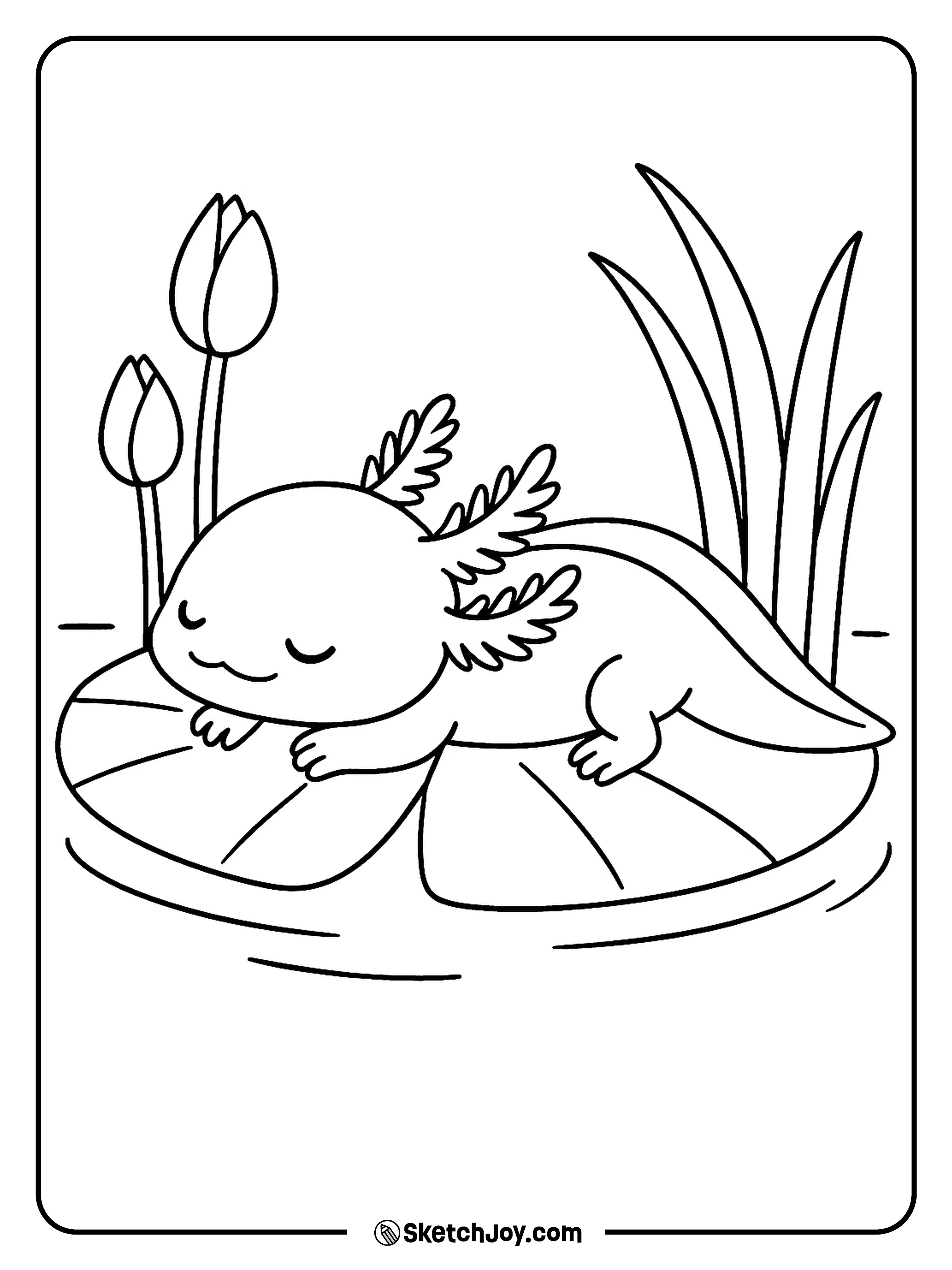 A calm axolotl sits on a lily pad with lotus buds around it.