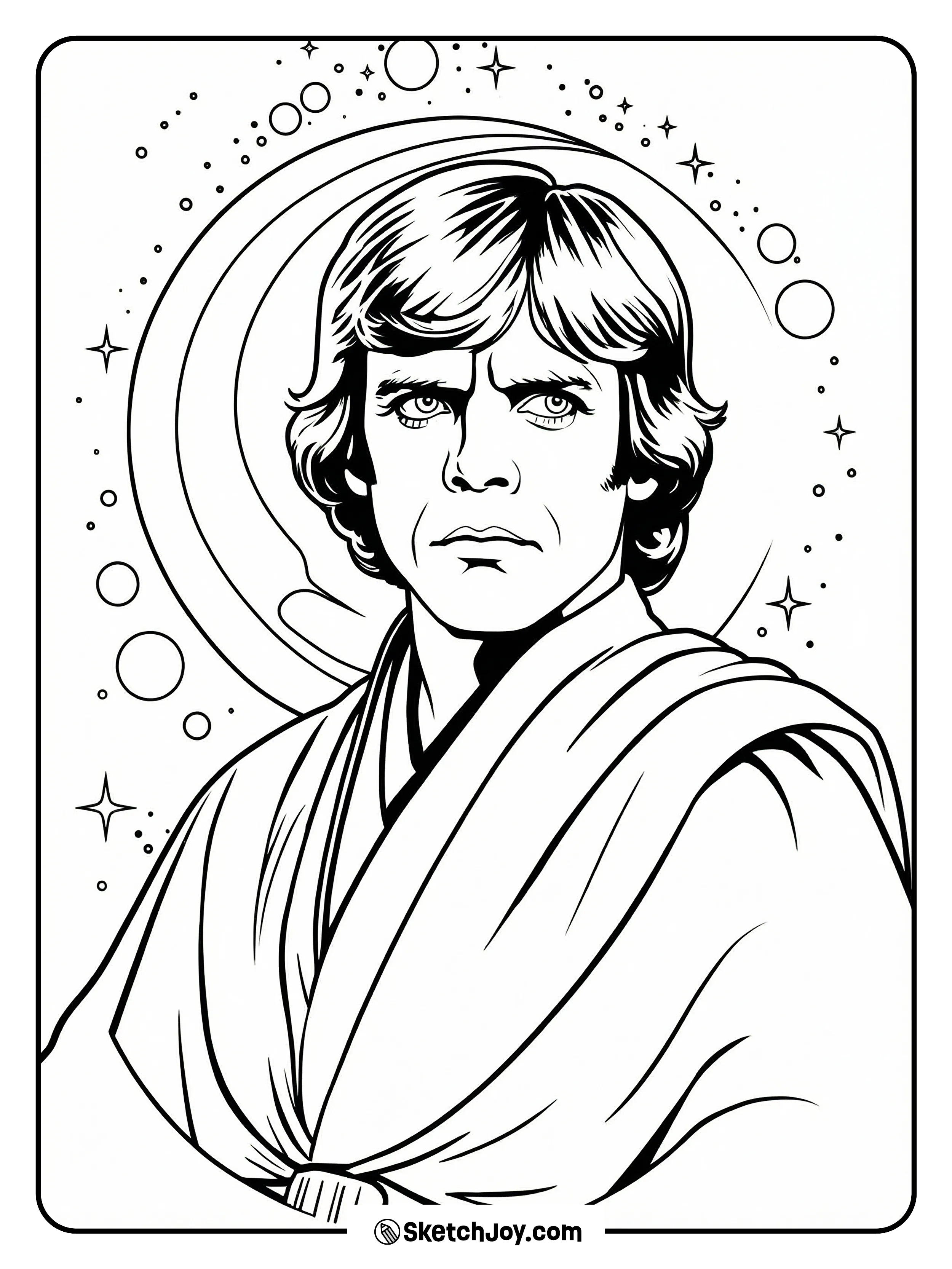 A clean line portrait of Luke with a ring of stars.