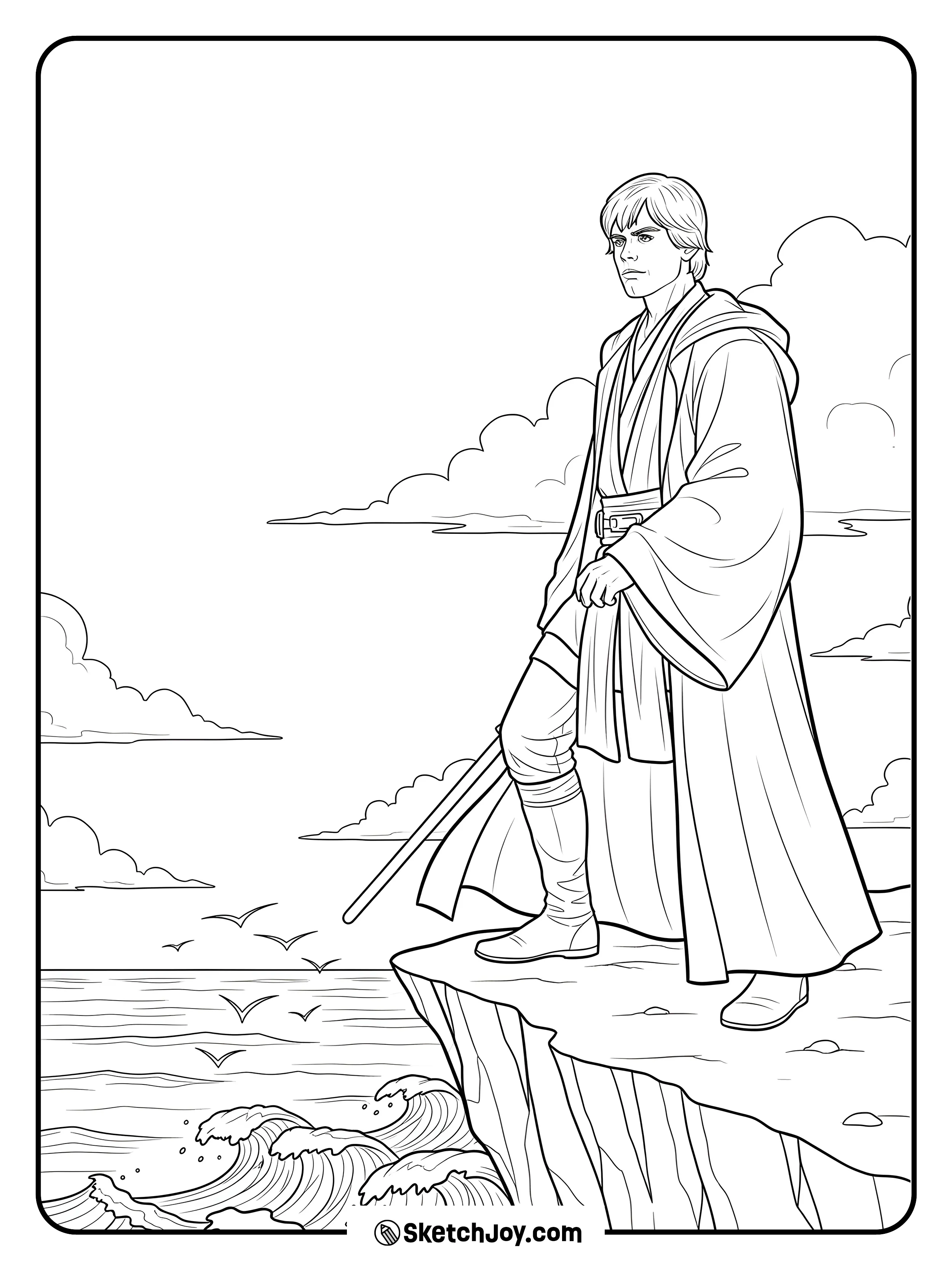 Luke stands on a rocky ledge with wind in his cloak.