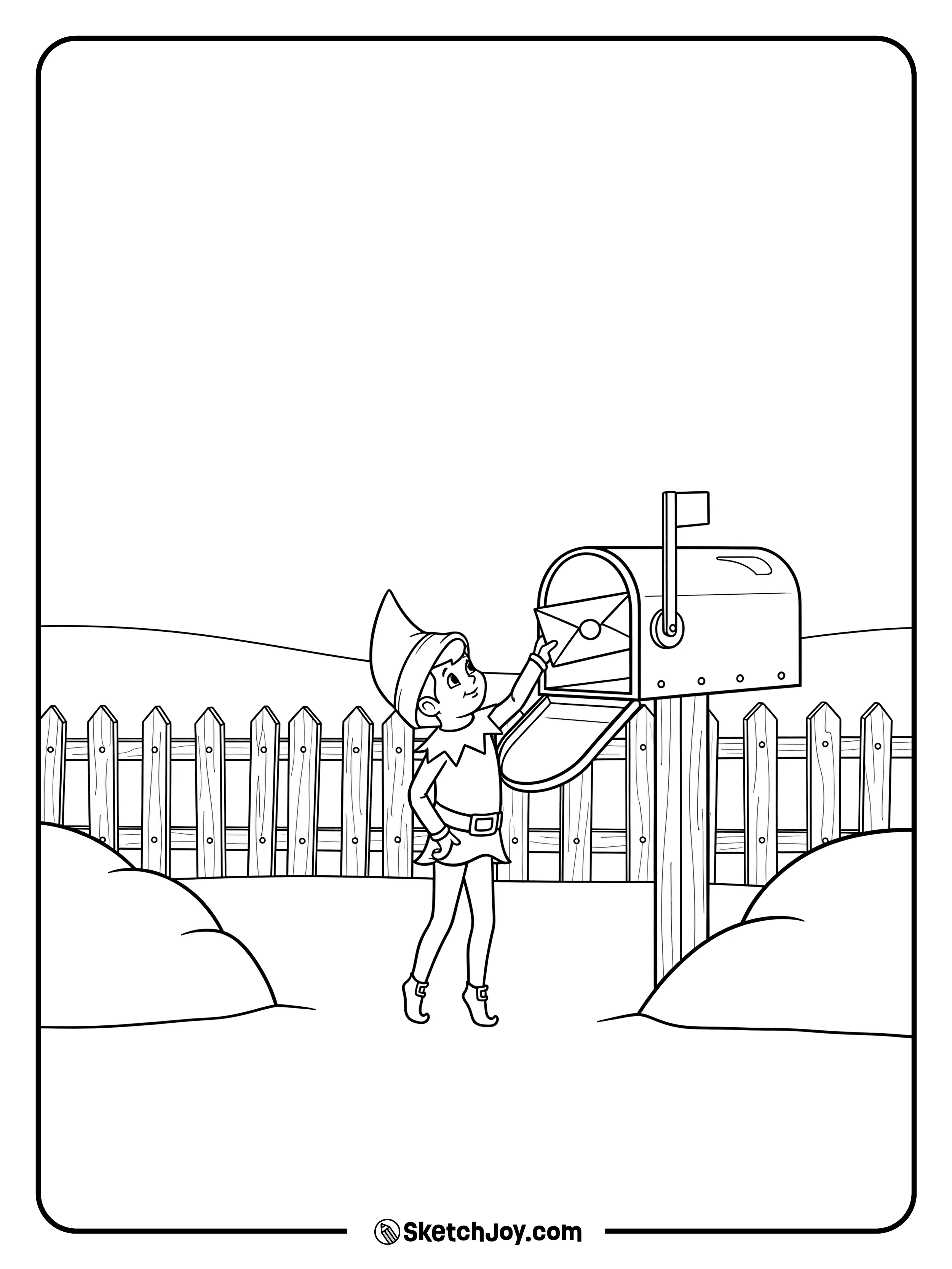 The elf mails a note at a snowy mailbox.