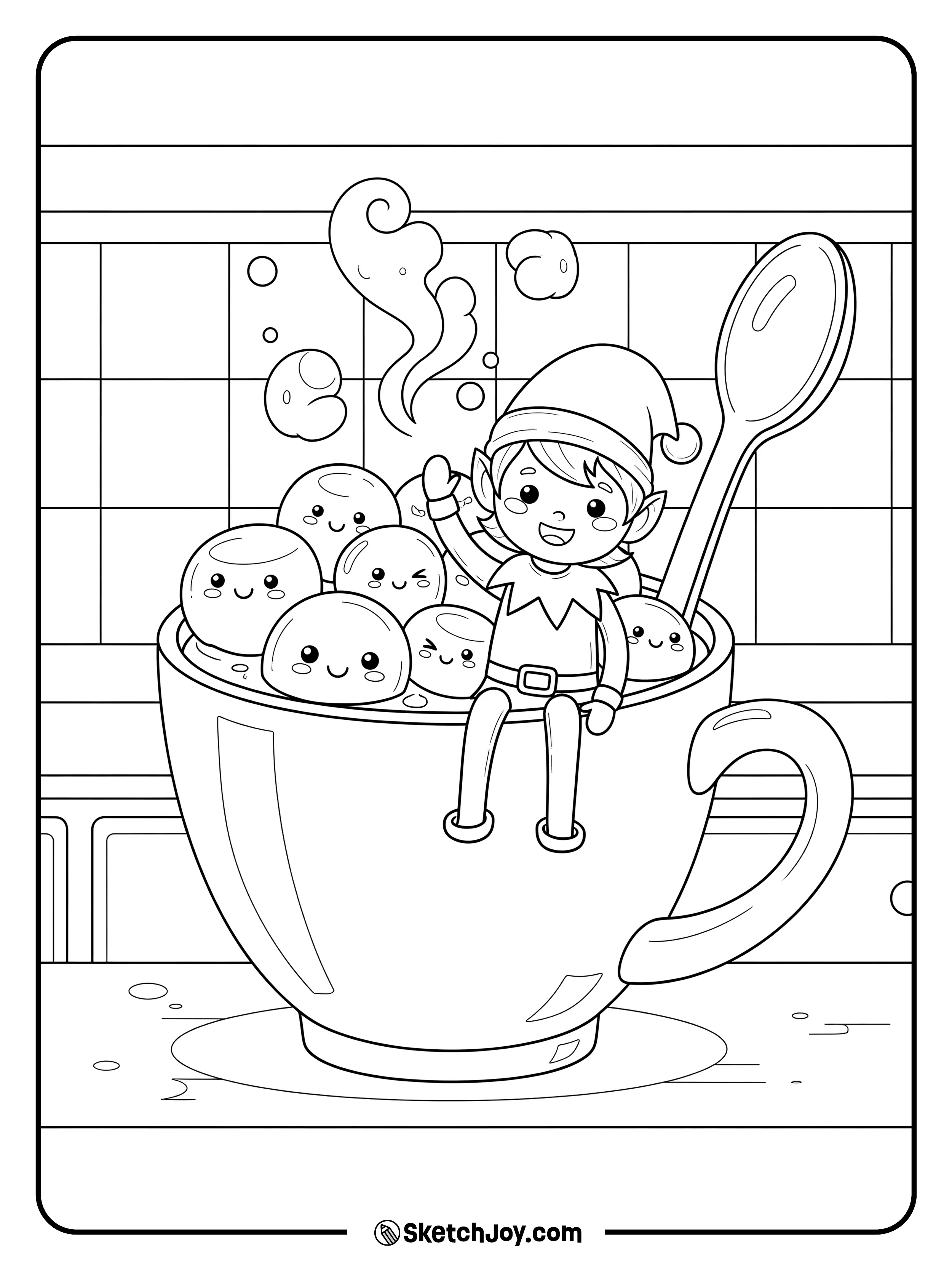 The elf relaxes in a mug filled with marshmallow “bubbles.”