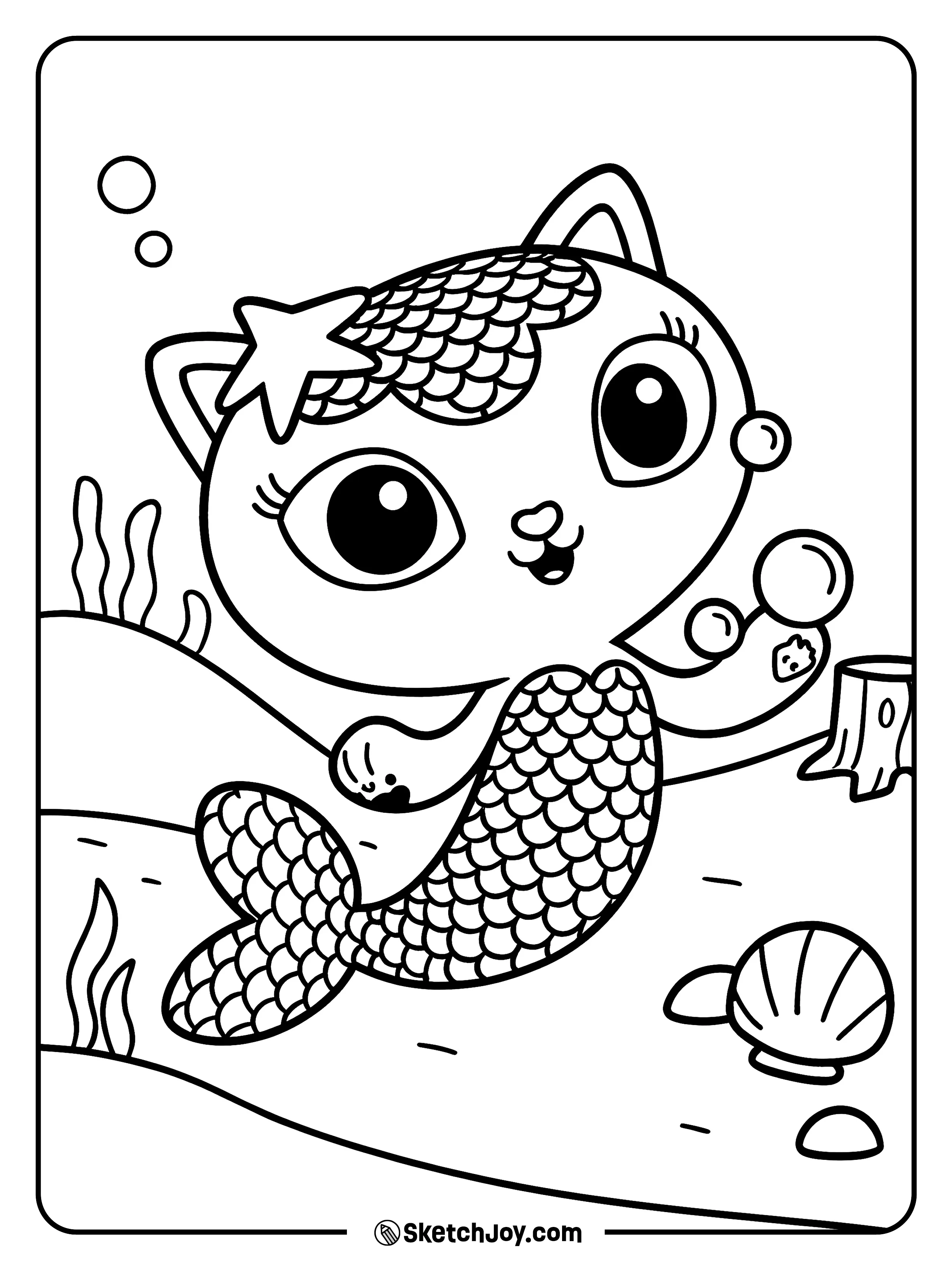 MerCat swims by shells and waves with joy.