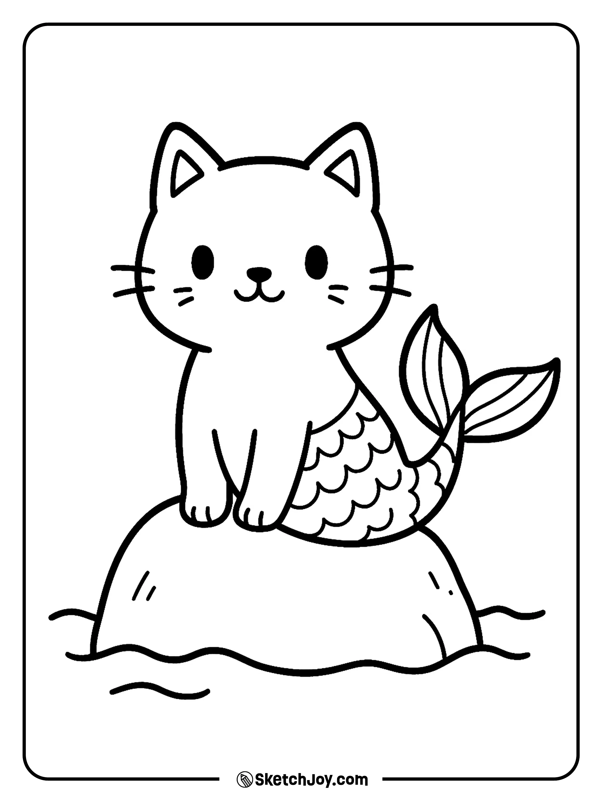 A mermaid cat sits on a rock with a gentle wave at its tail.