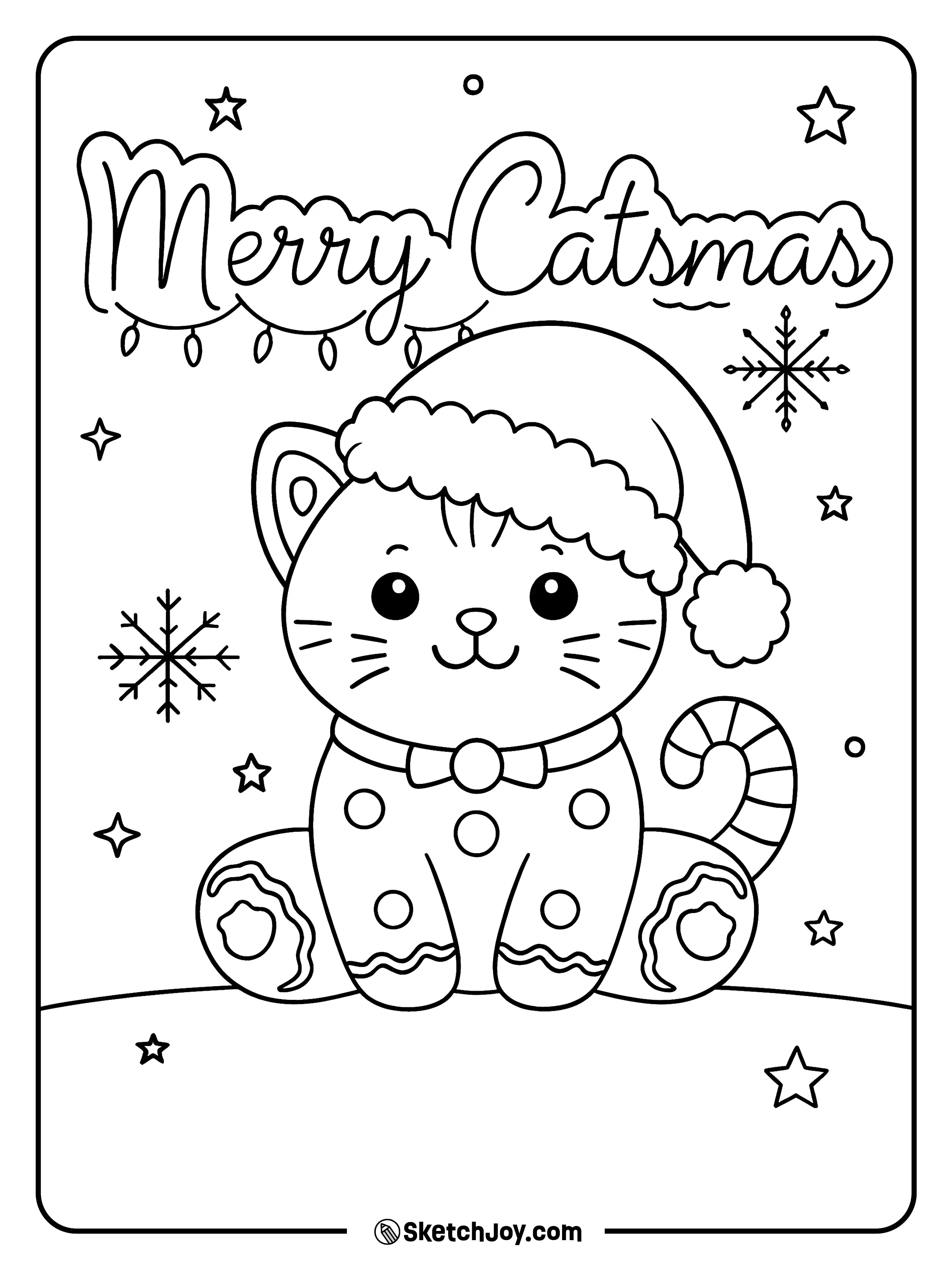 A cute kitten in a Santa hat sits under festive lights.