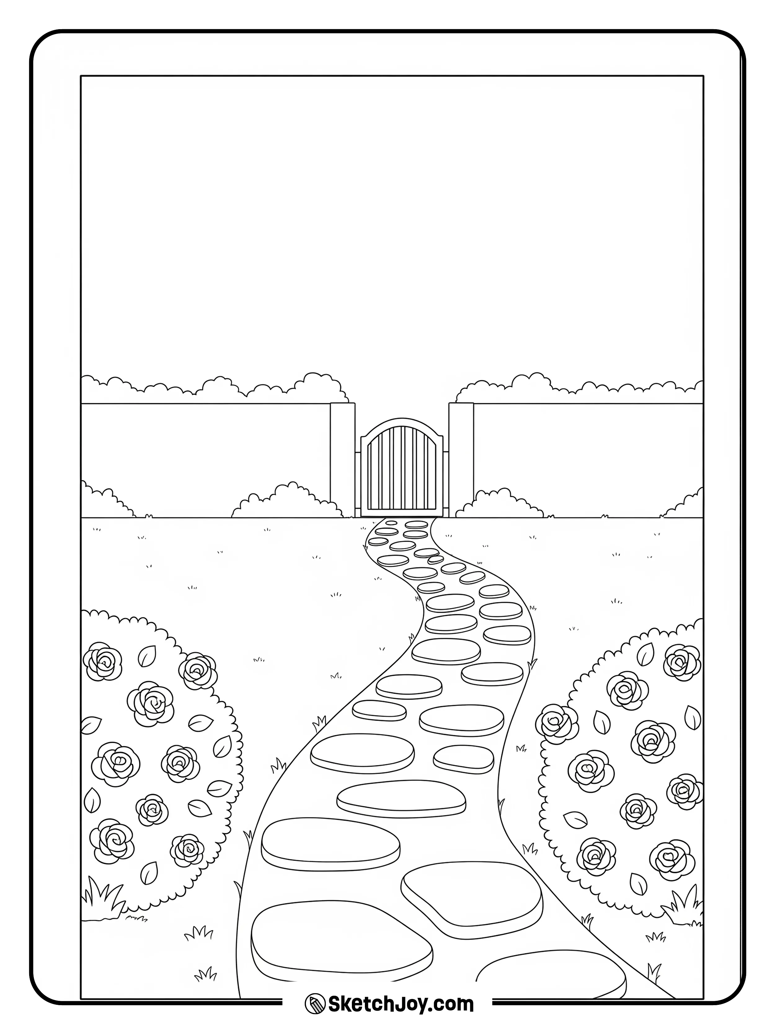 A short path curves past two small bushes.