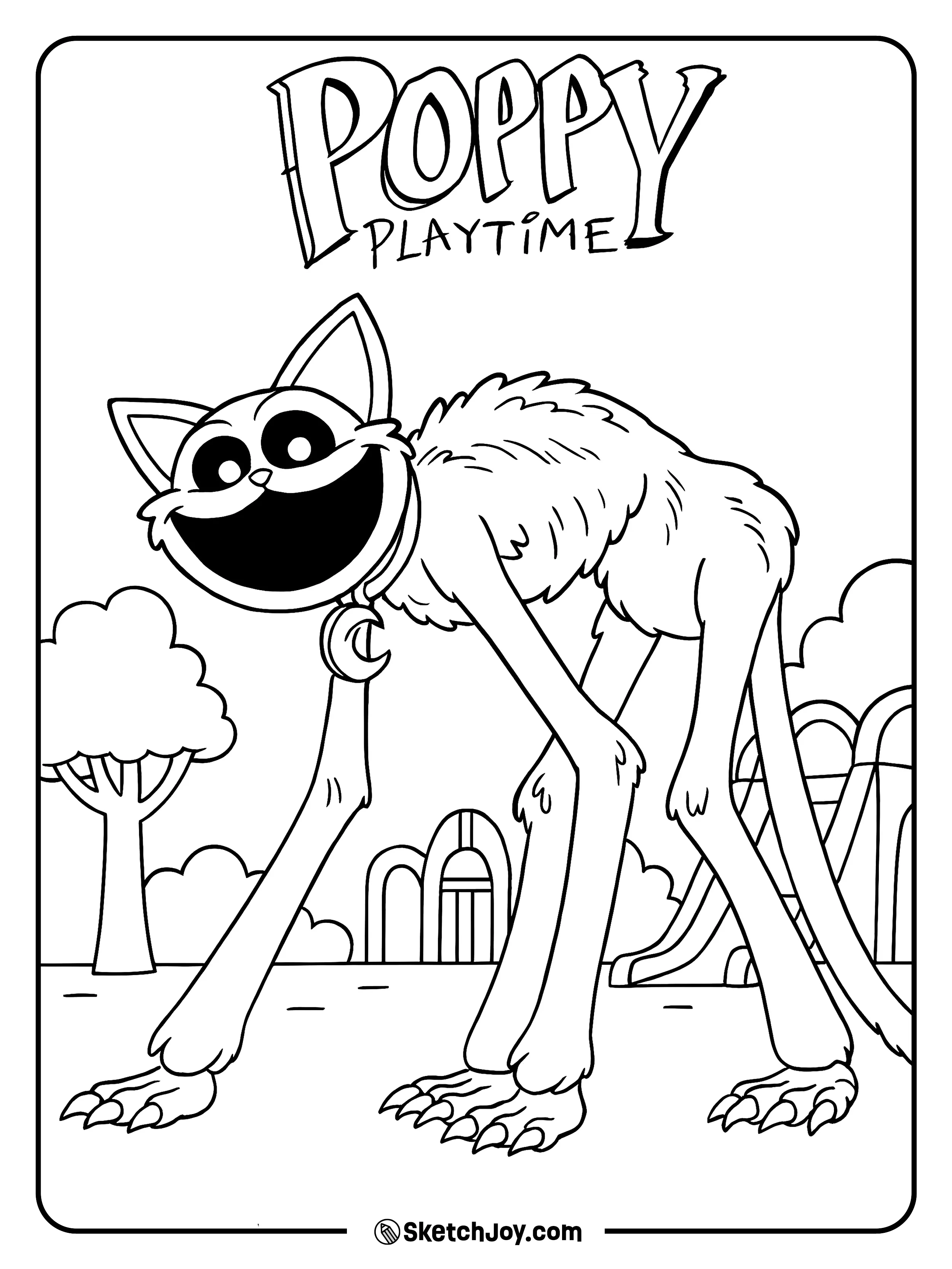 Monster CatNap, the tall Bigger Bodies form, walks through the park with long legs and sharp claws.
