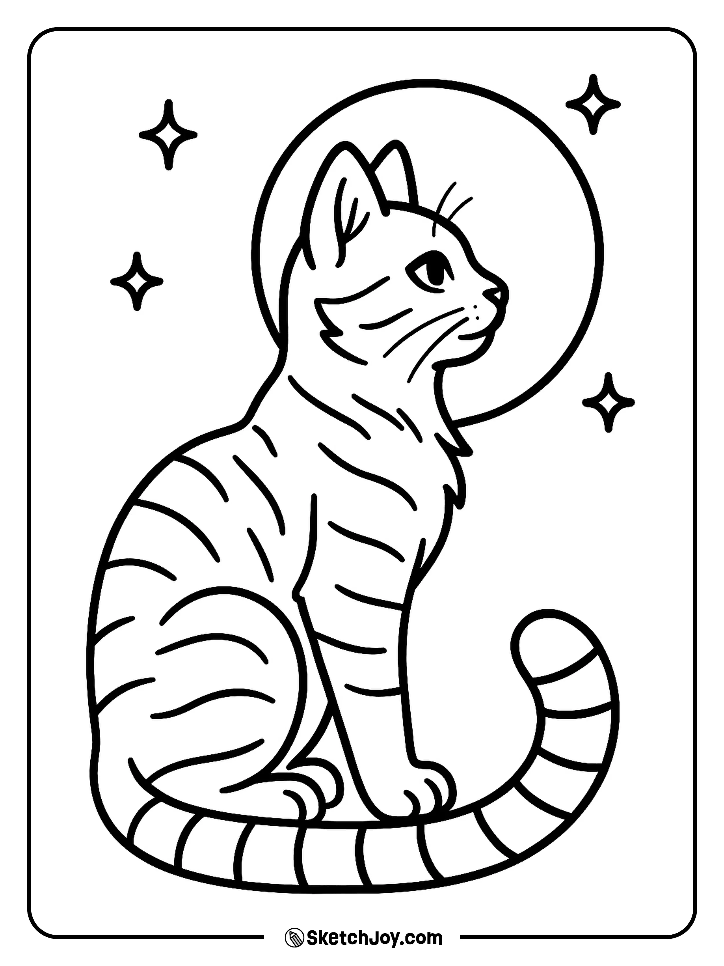 A detailed cat sits in front of a simple moon with small stars.