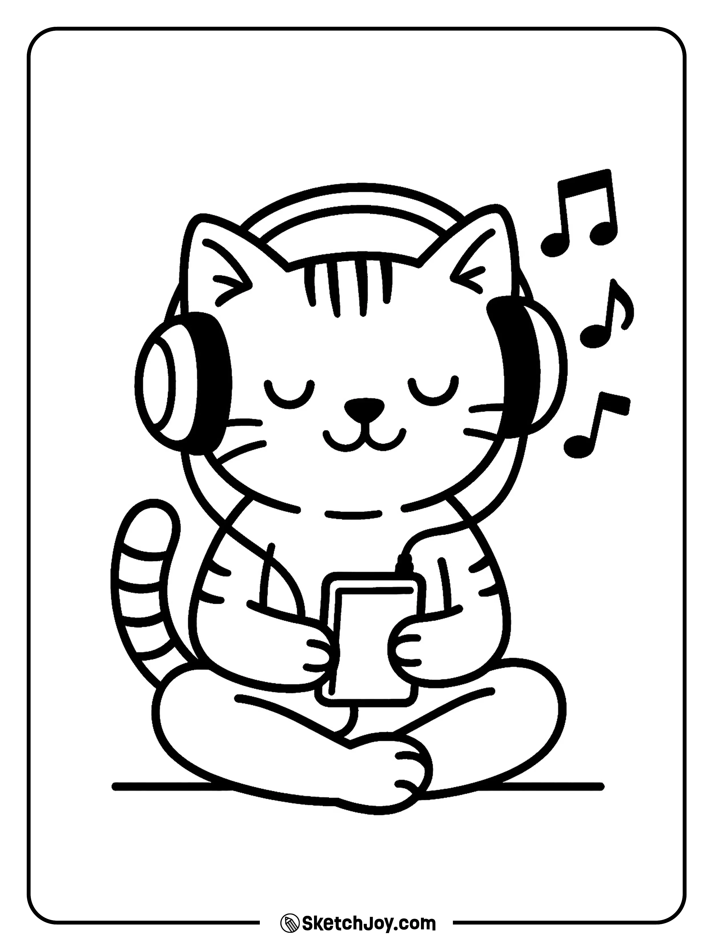 A relaxed cat wears big headphones and holds a small music player.