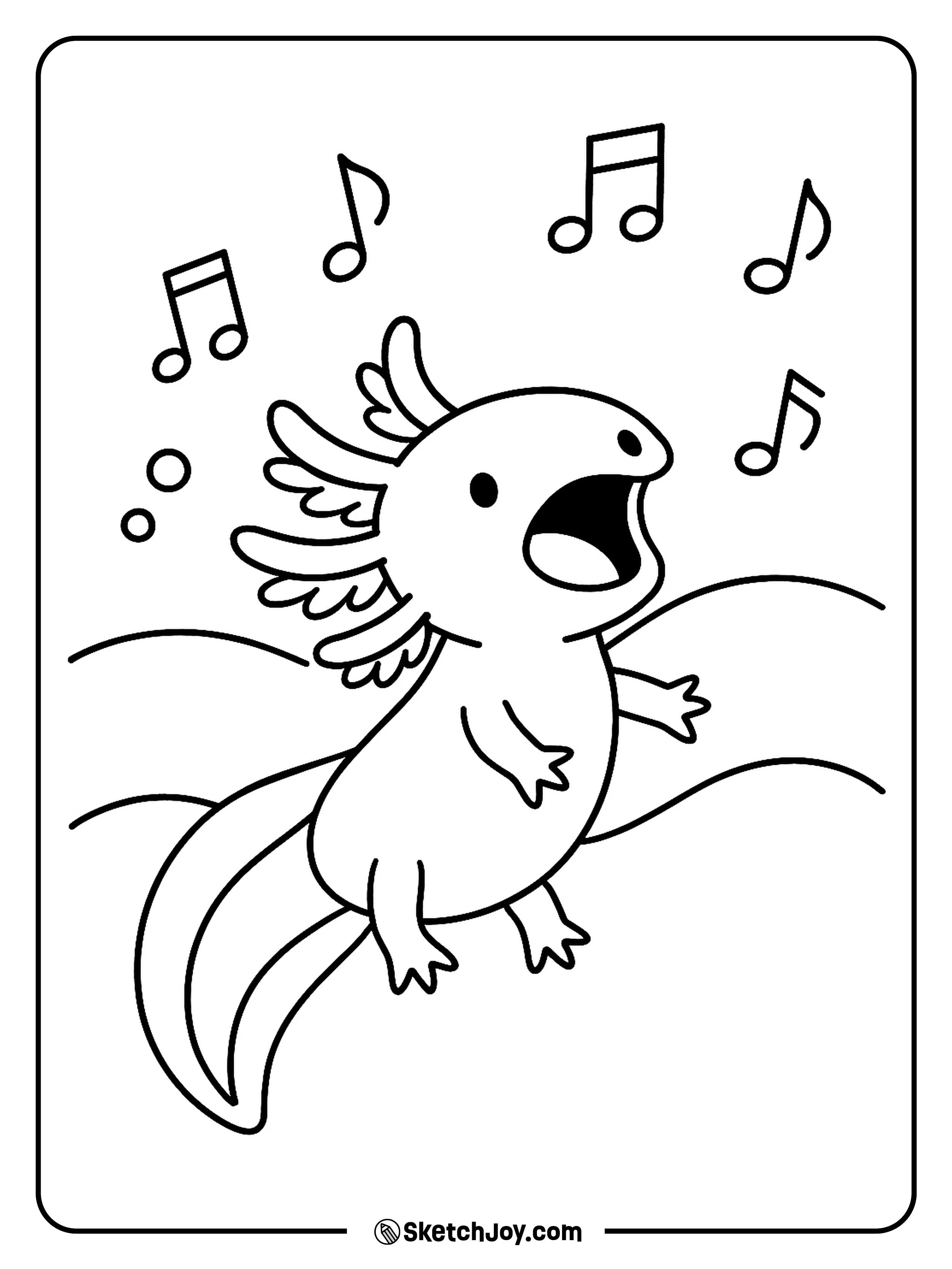 A singing axolotl swims with a few music notes.