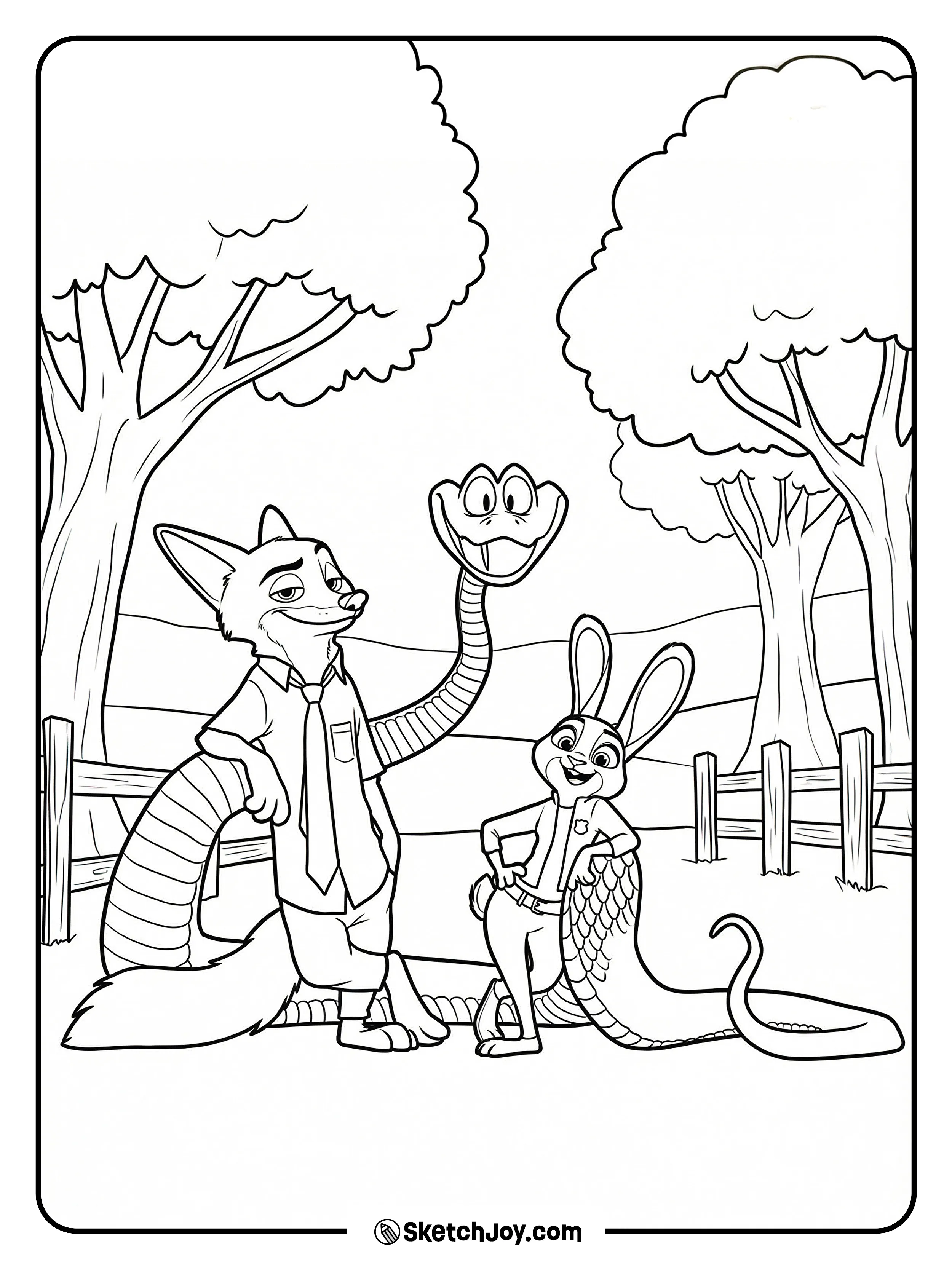 Nick, Judy, and Gary De'Snake relax together in a quiet park with trees and fences behind them.