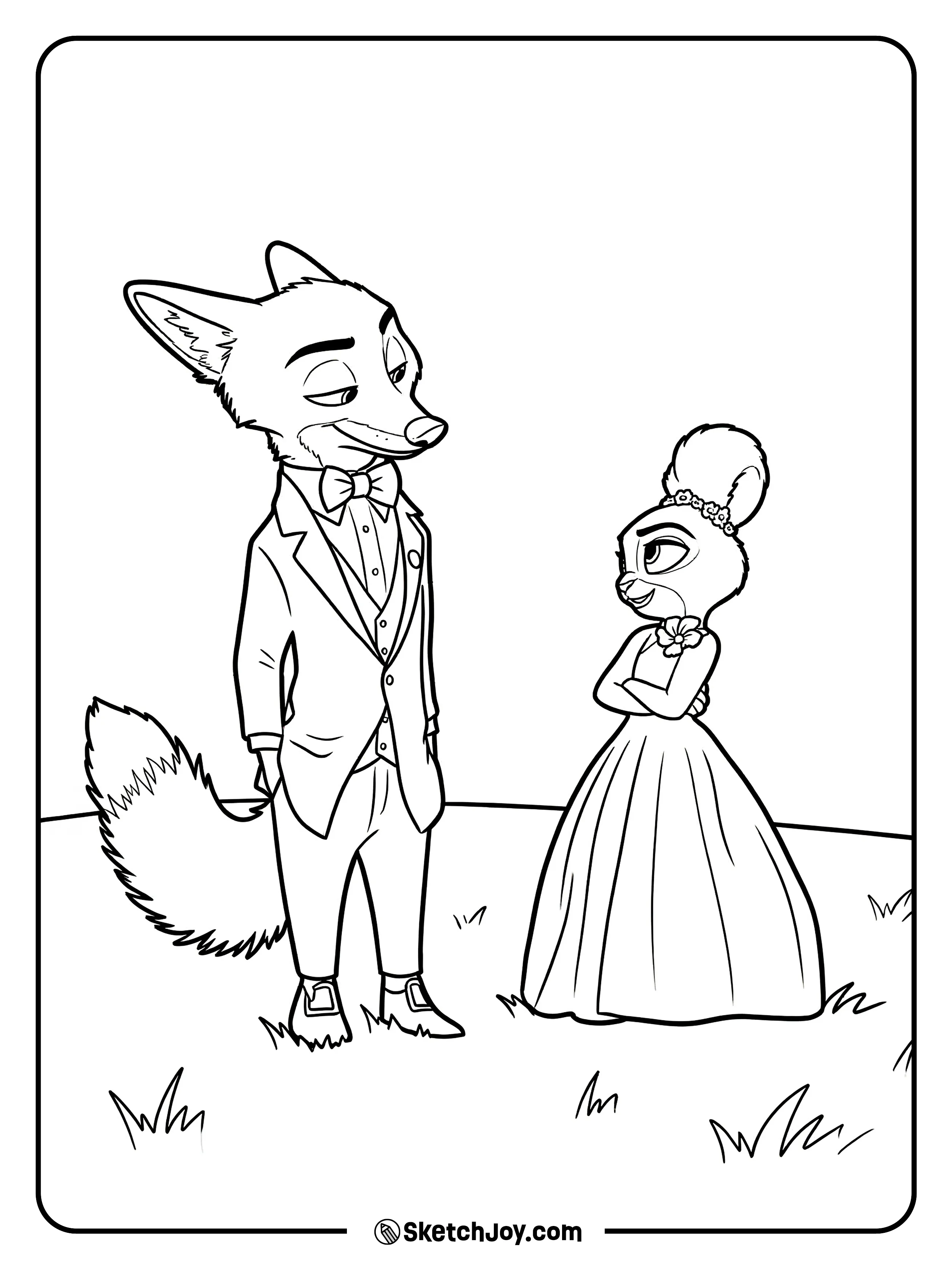 Nick and Judy stand on the grass in formal outfits, giving each other a playful look.