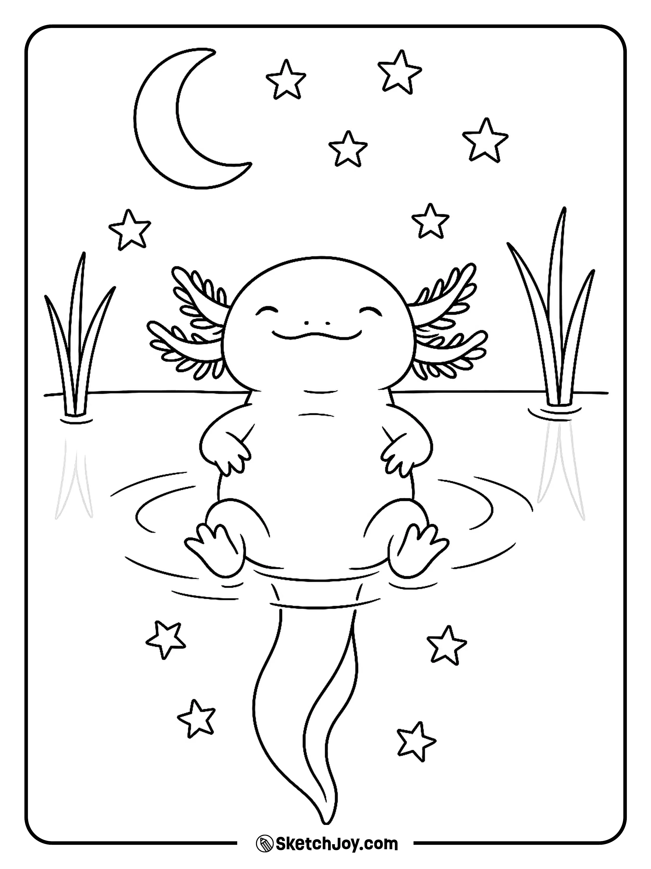 An axolotl floats on its back under a moon and a few stars.