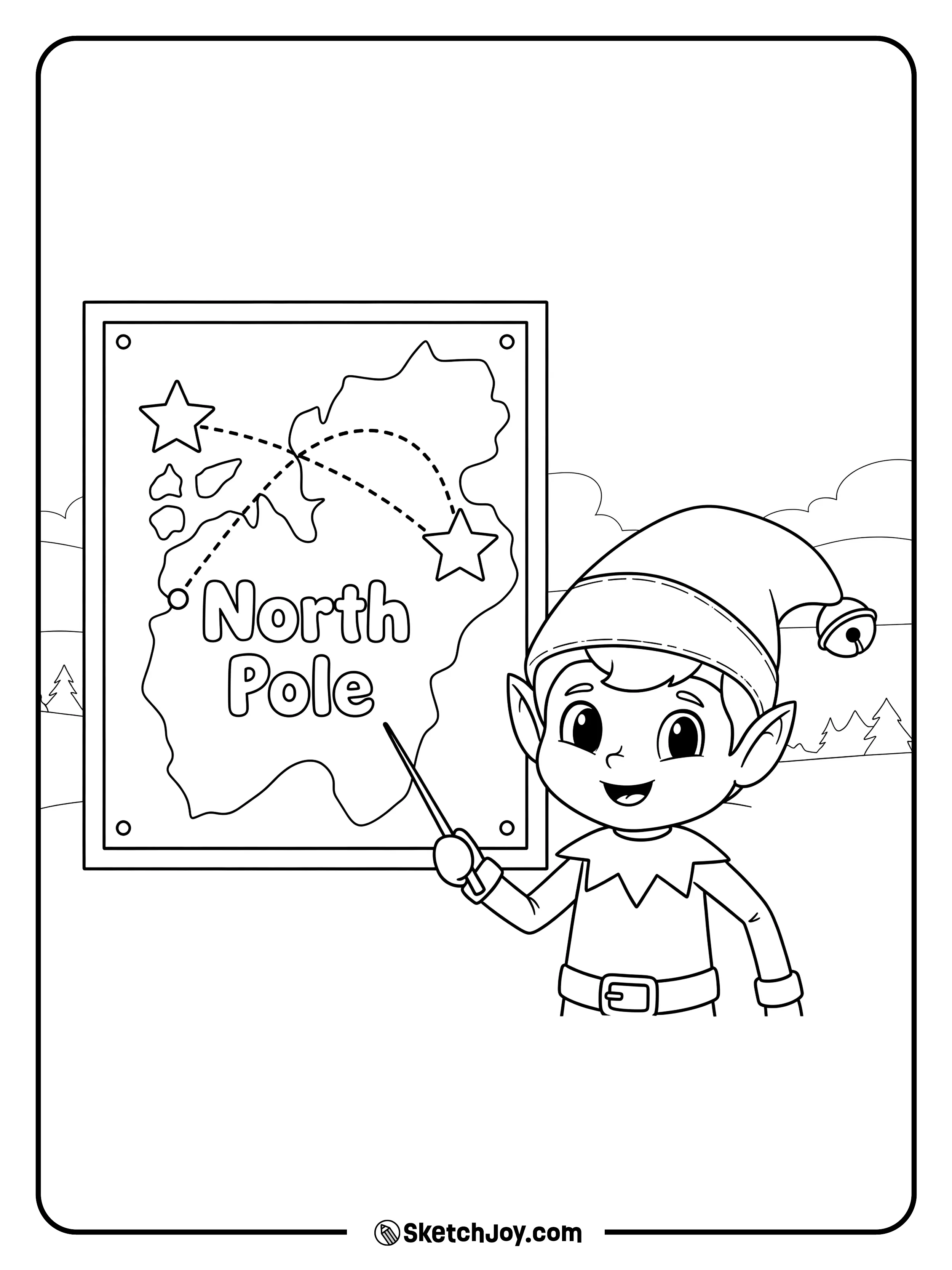 The elf points to a simple map with stars.