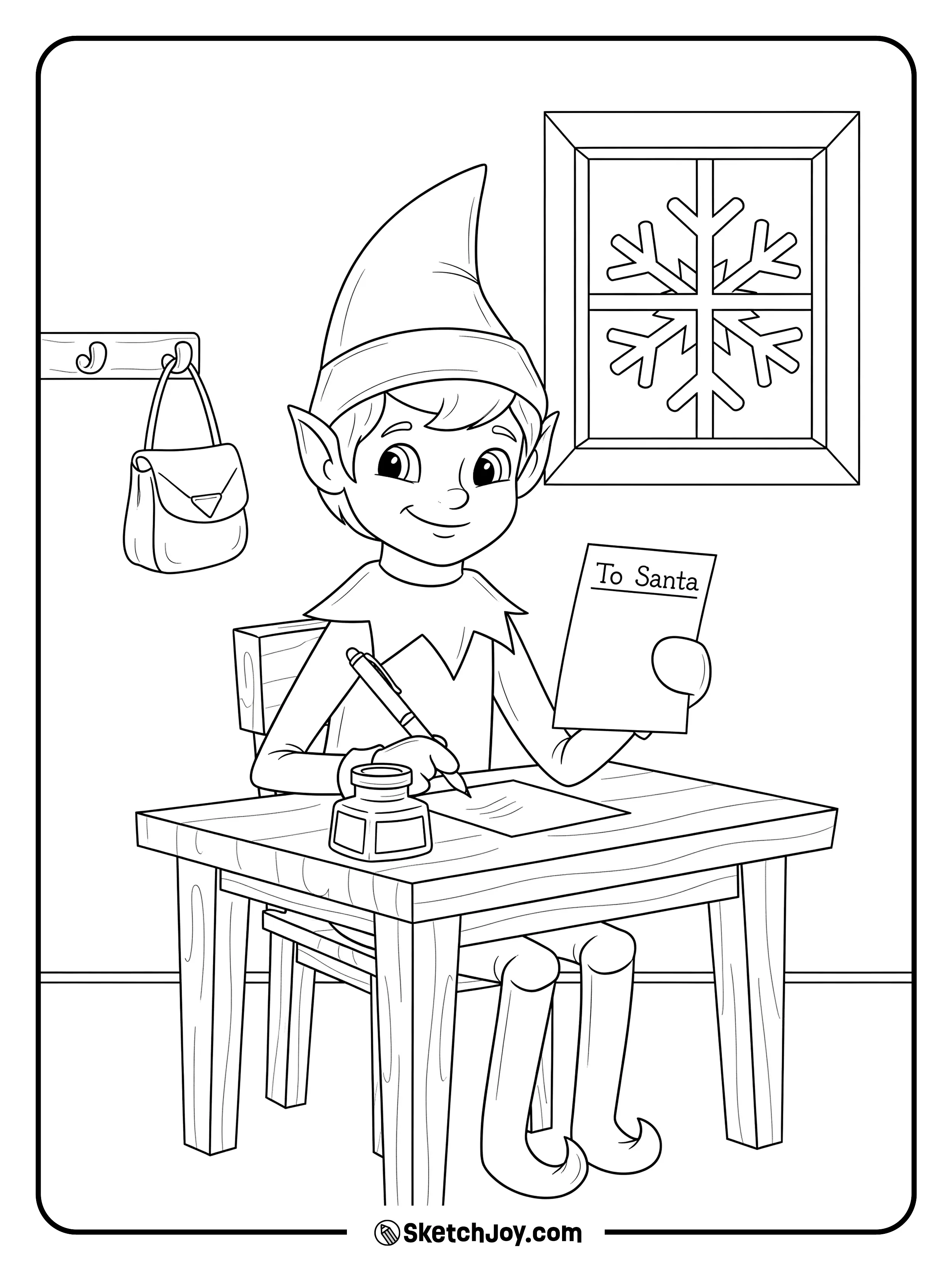The elf writes a note to Santa at a small desk.