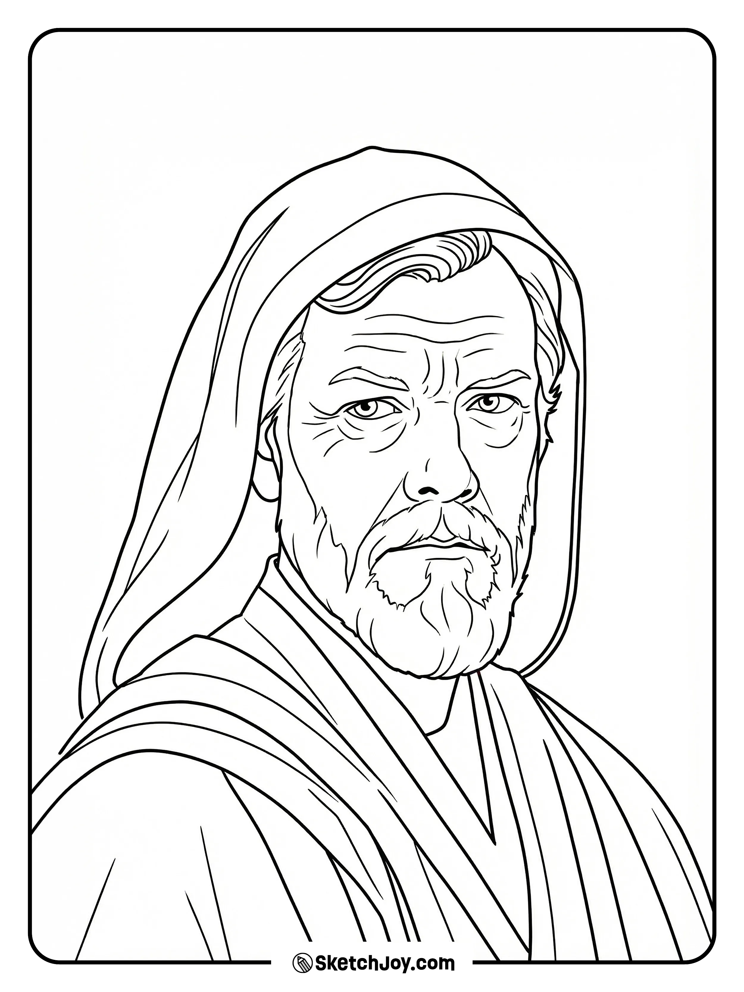 A calm, older Obi-Wan in his hood and robes.