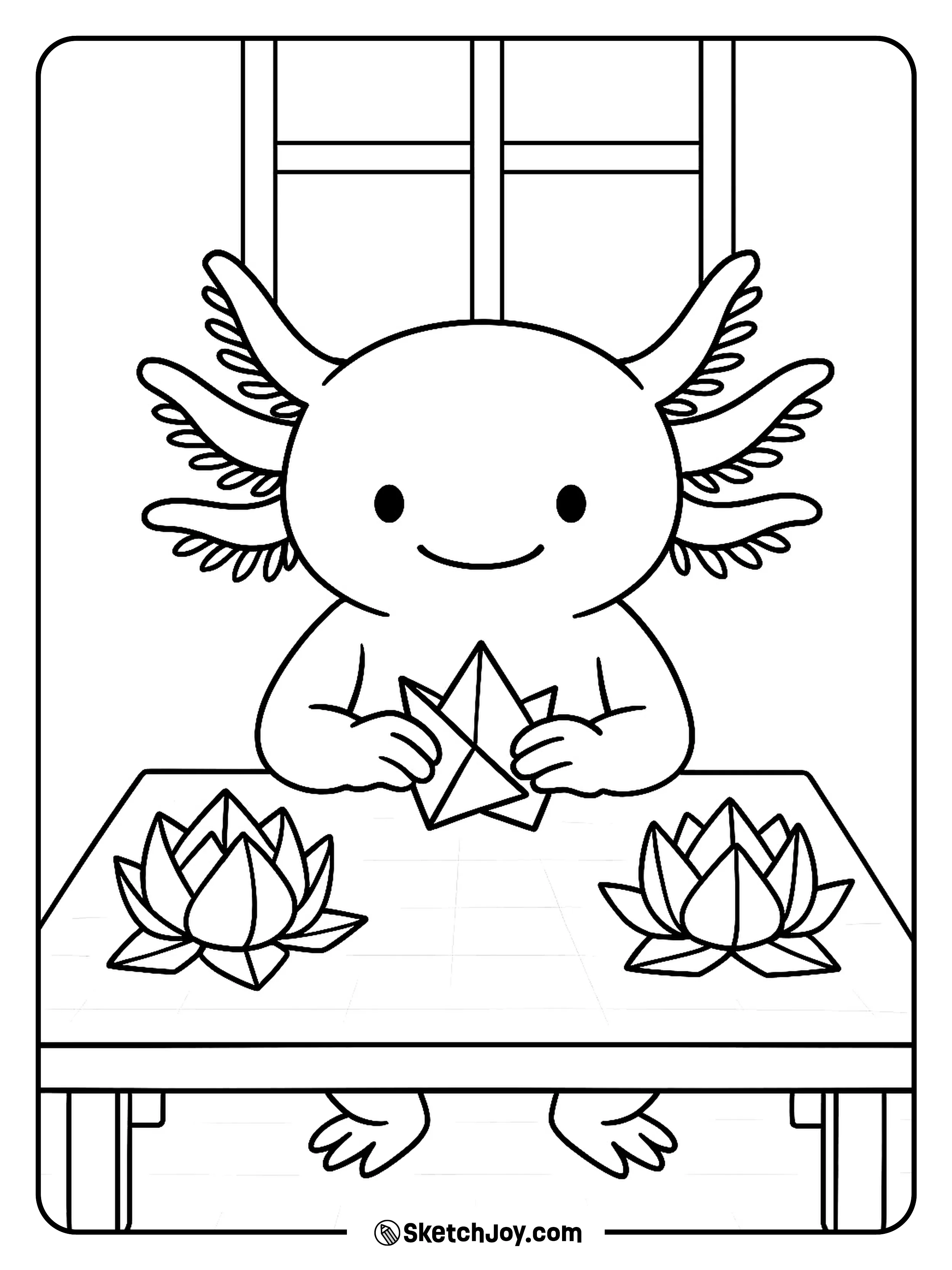 An axolotl folds a paper lotus with neat creases.