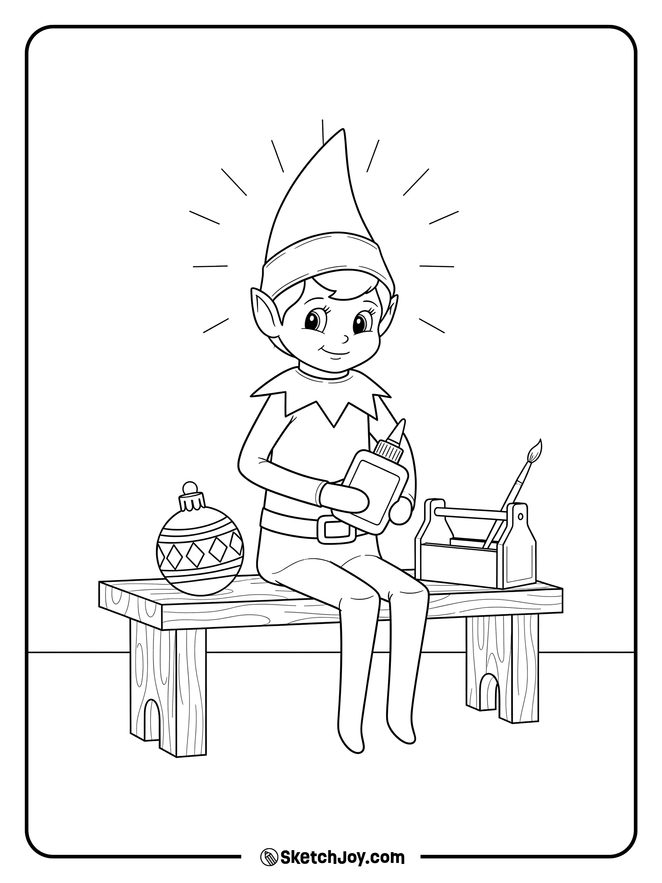 The elf glues a cracked ornament with care.