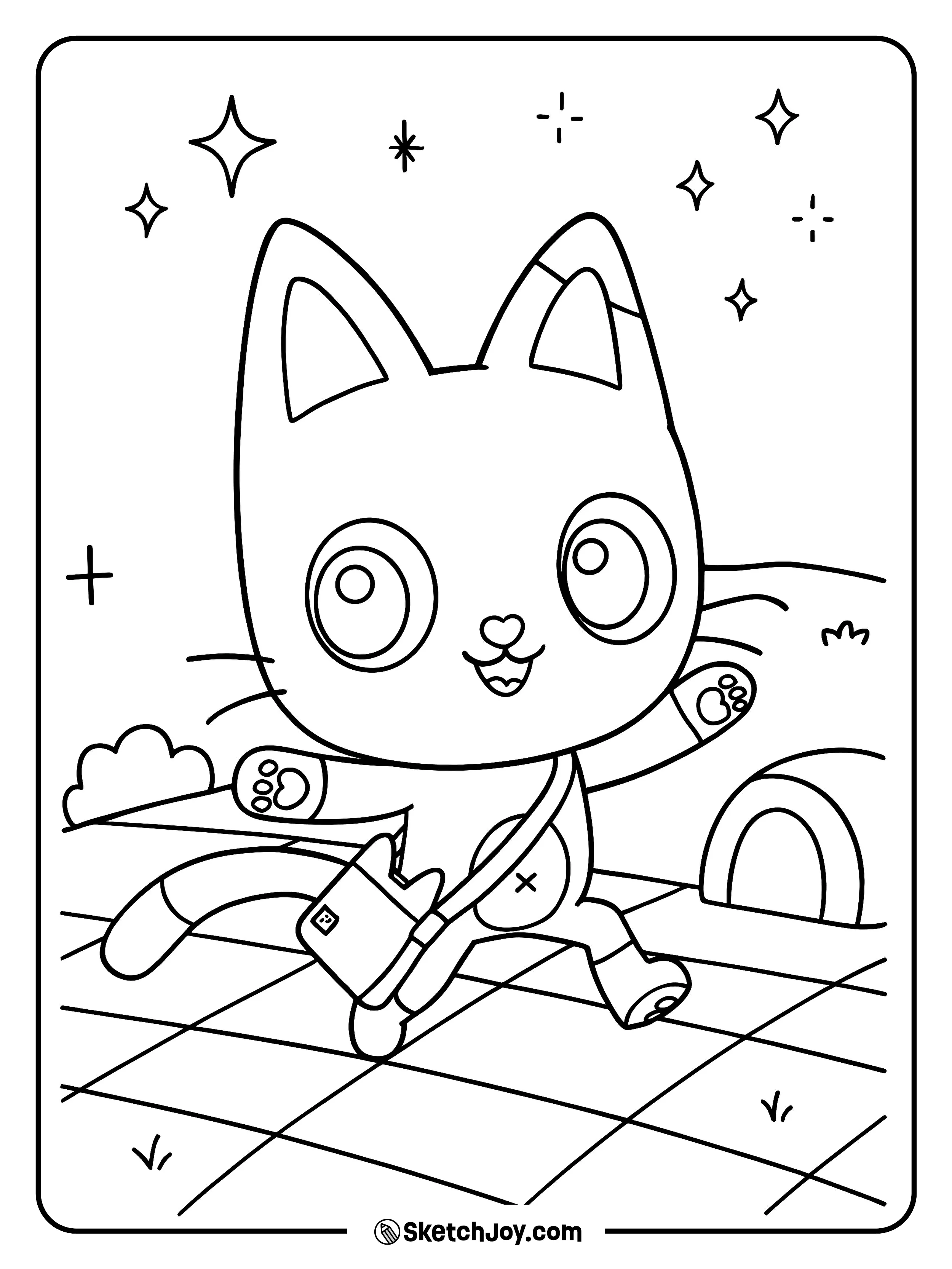 Pandy Paws runs across the yard with his little bag and a big smile.