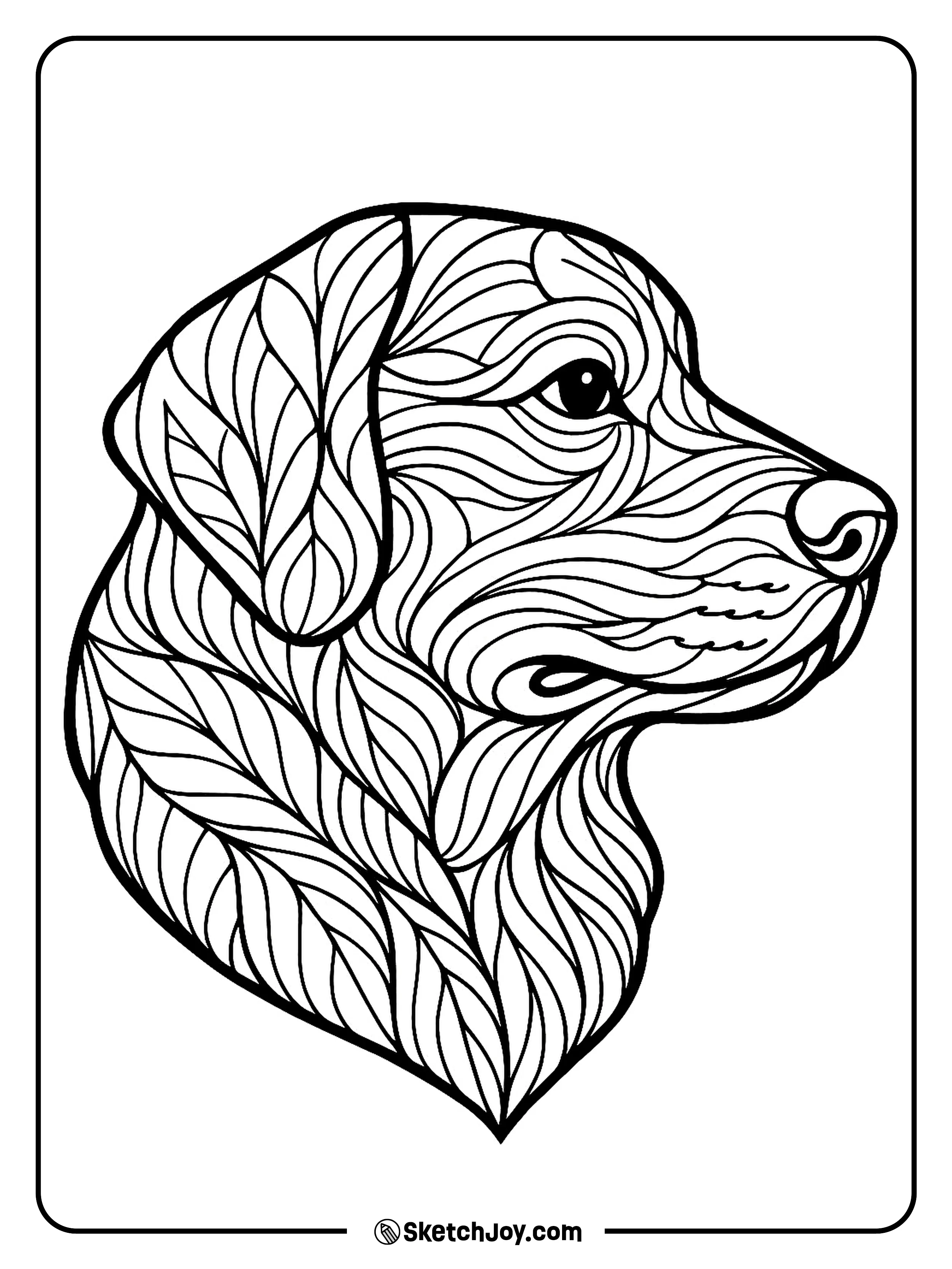 A dog head is filled with smooth patterns and soft shapes.