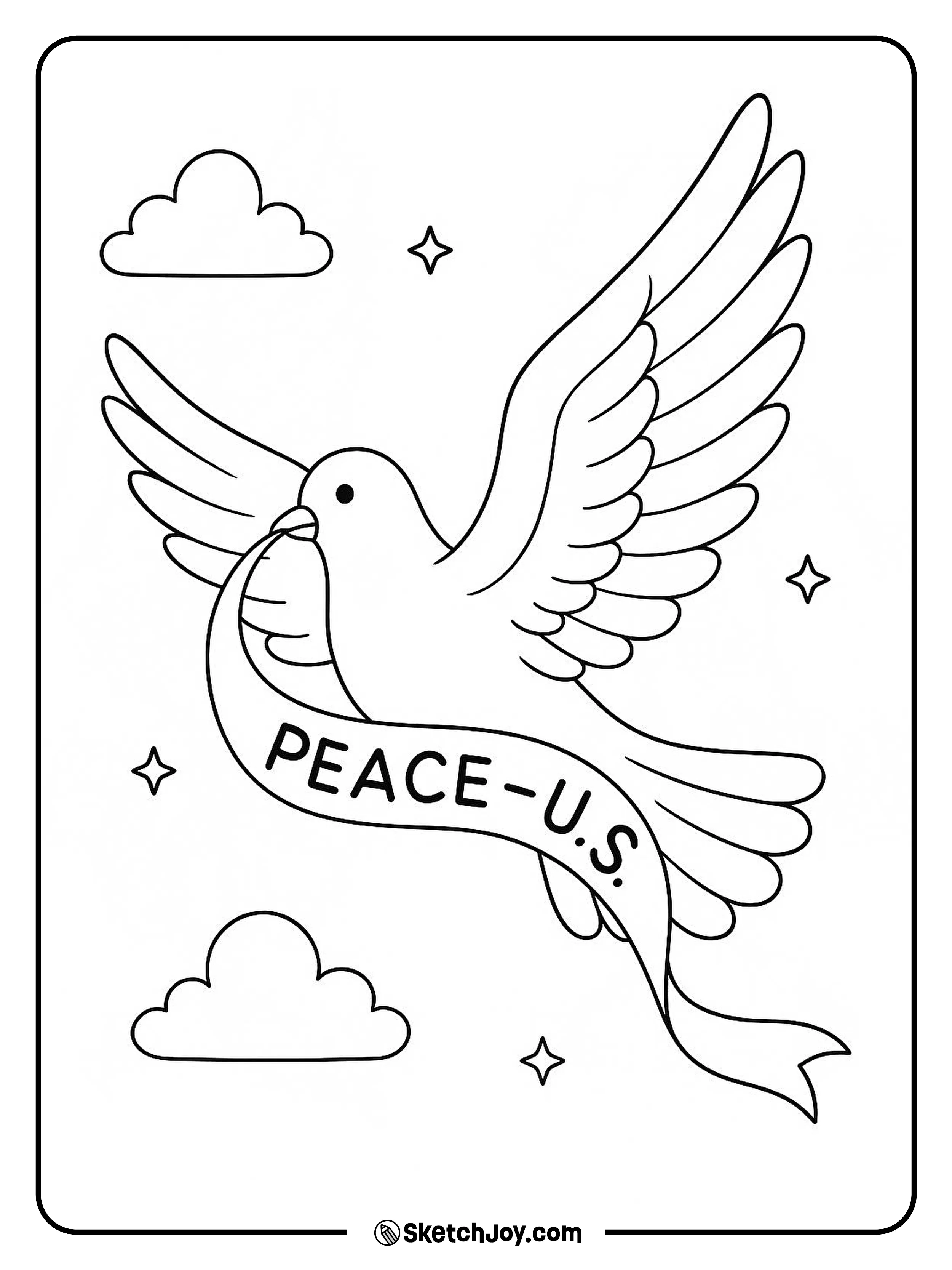 A dove carries a small ribbon with a word.