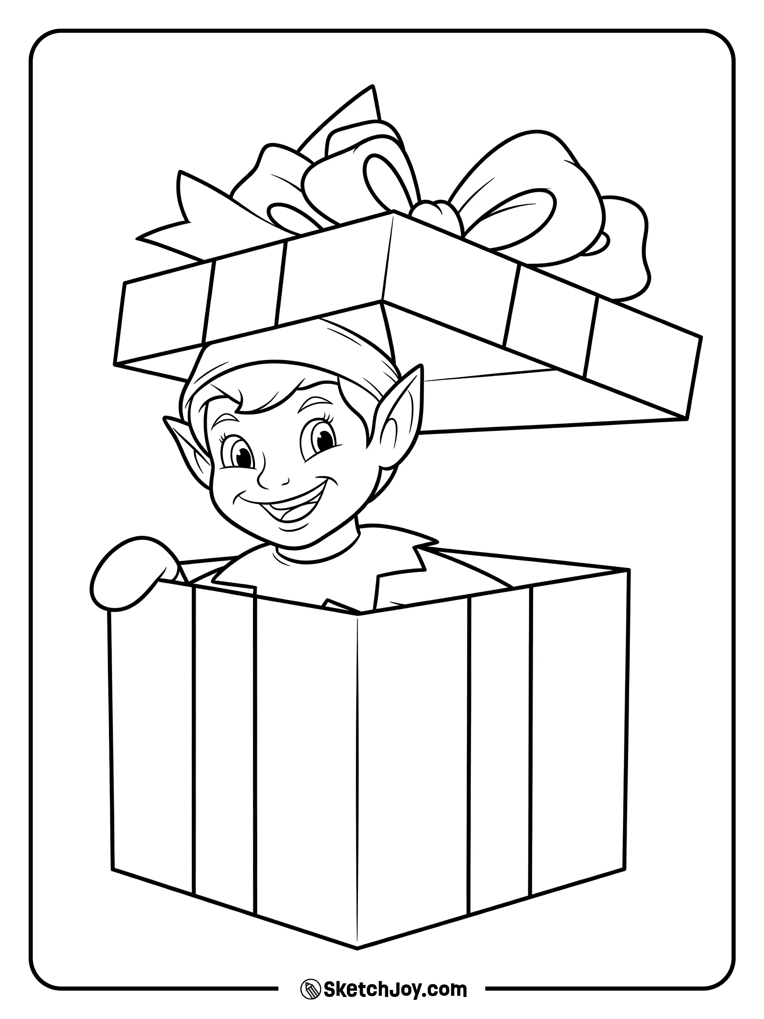 The elf pops out of a gift box lid.