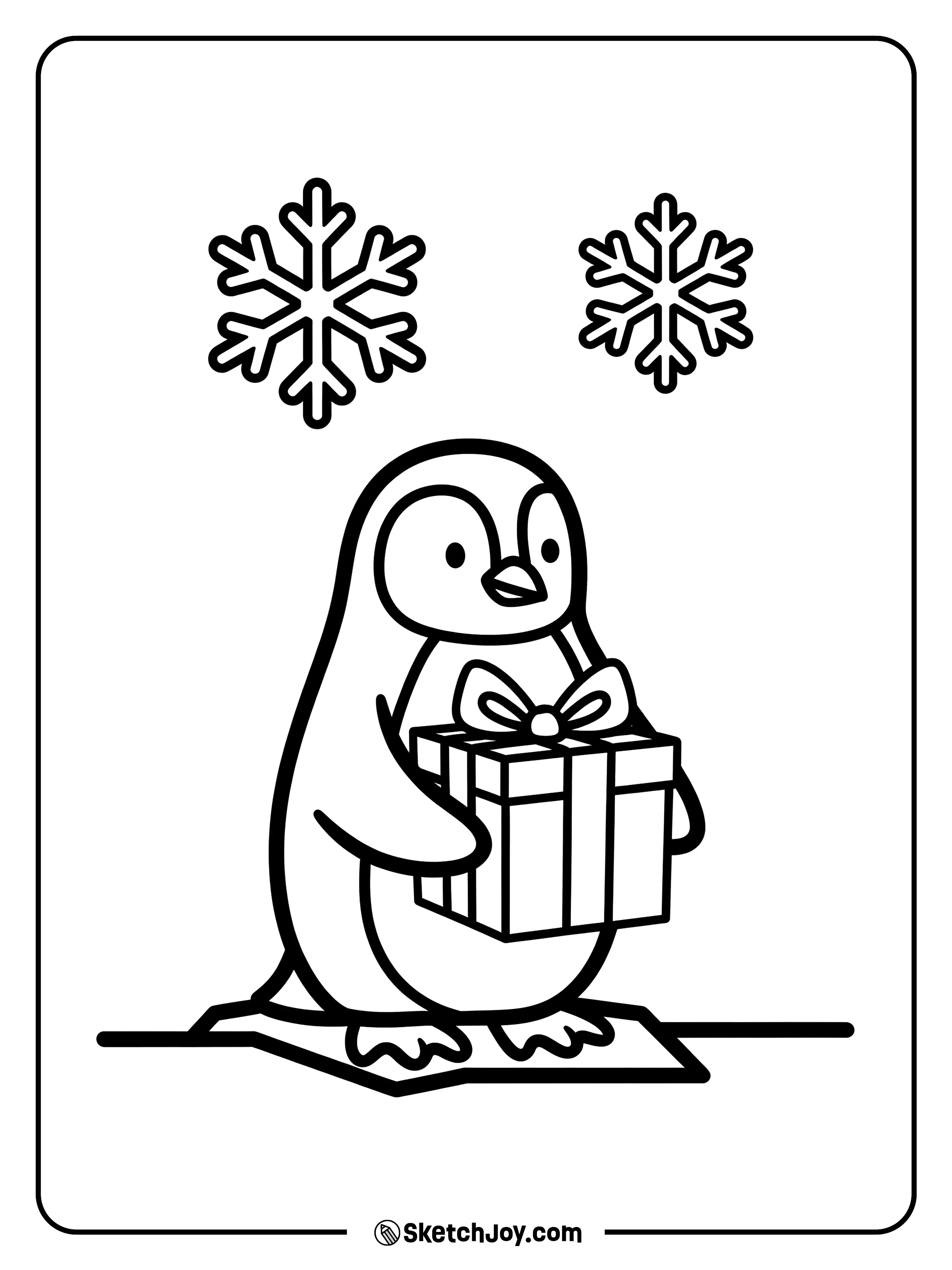 A happy penguin carries a small present.