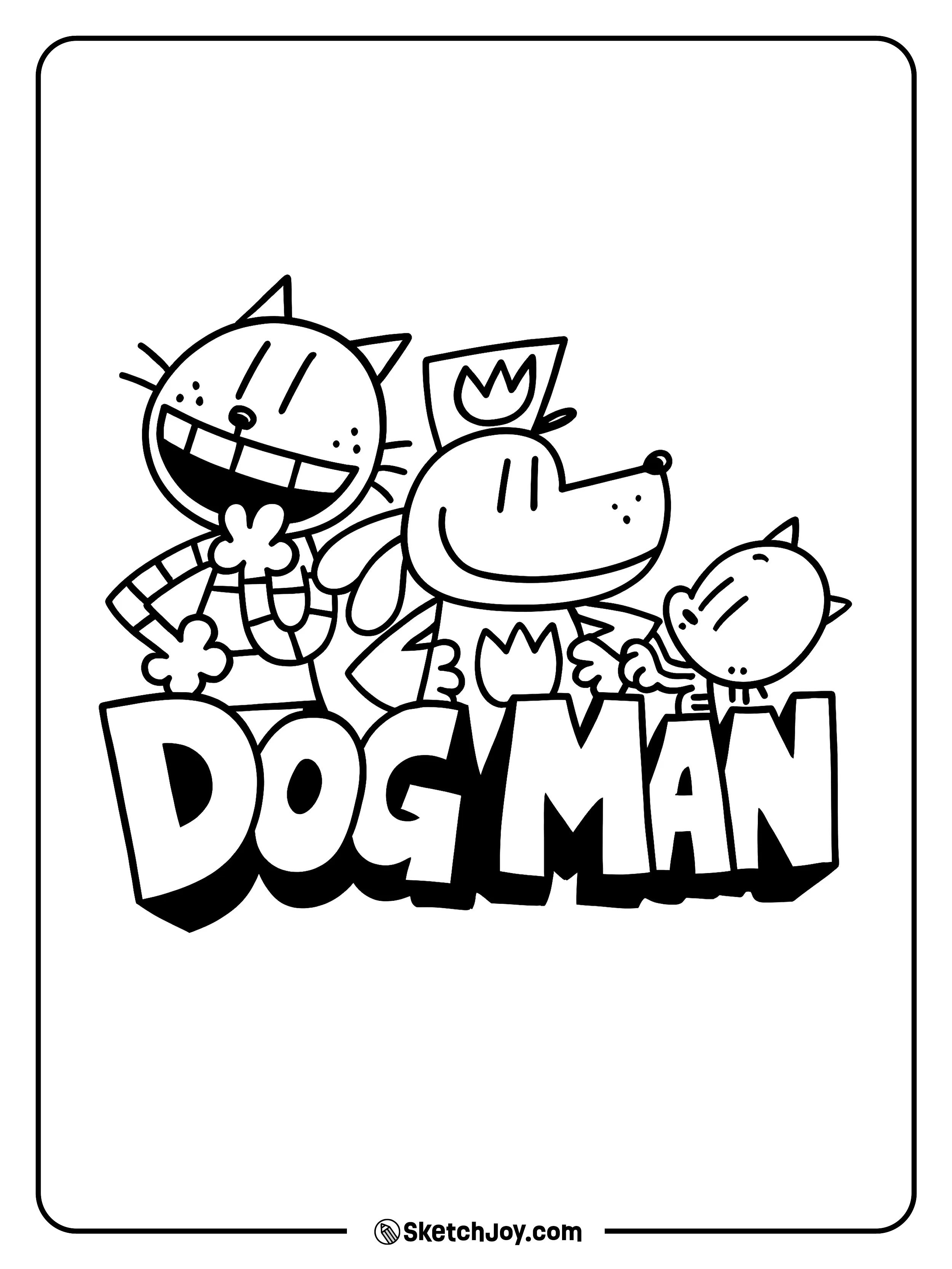 Petey, Dog Man, and Li’l Petey pose together above the “DOG MAN” text.