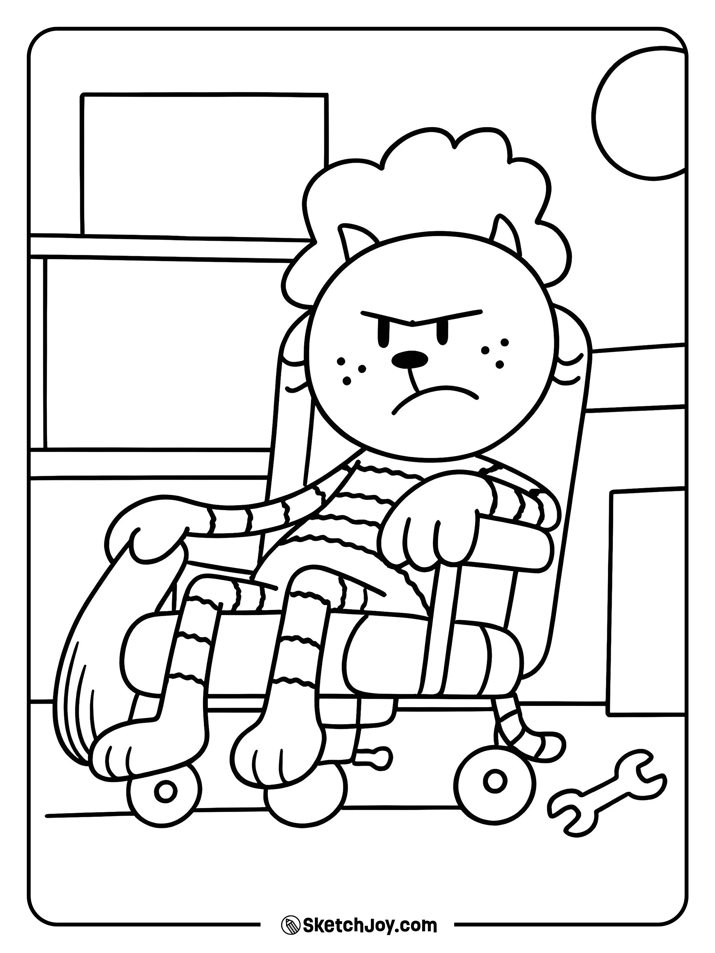 Petey the Cat sits in a rolling chair with a hard frown