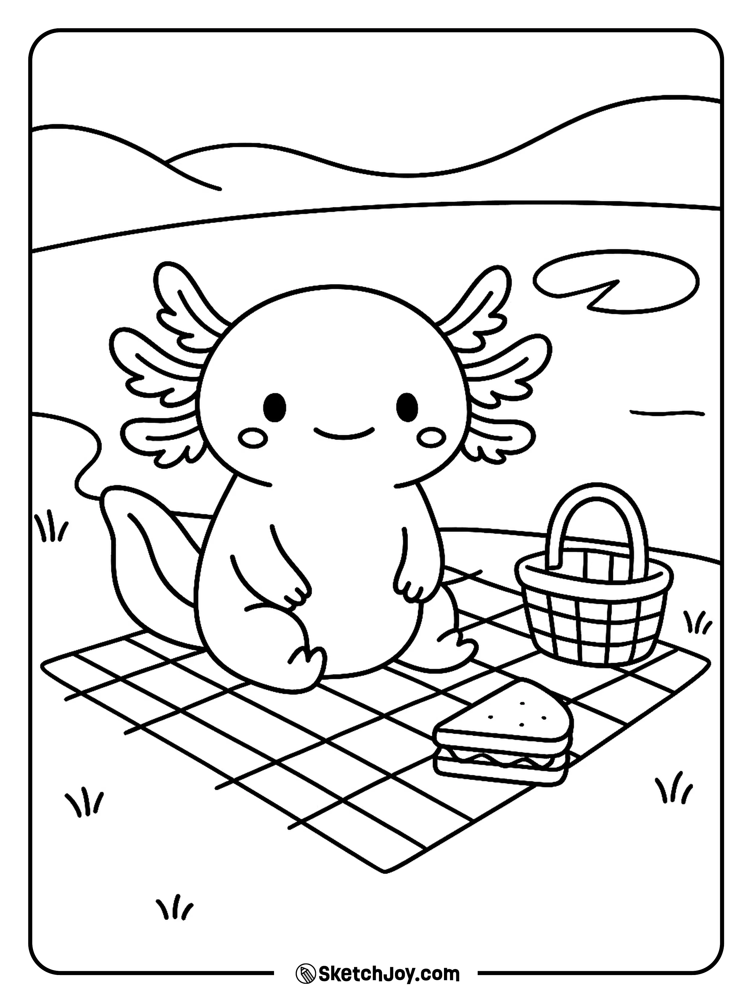 A sweet axolotl reaches for a sandwich on a check cloth.