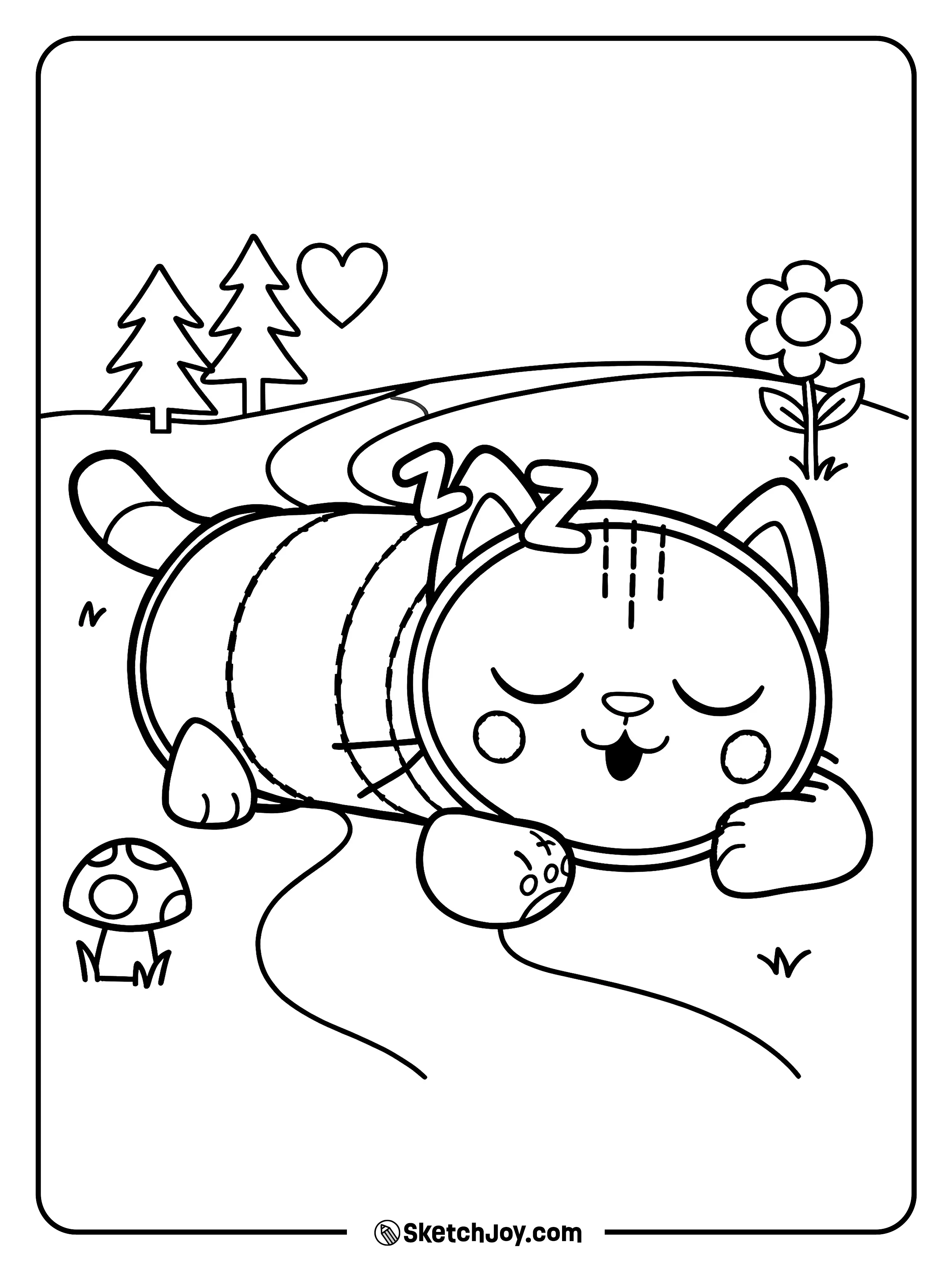 Pillow Cat snoozes with soft Z’s on a path.