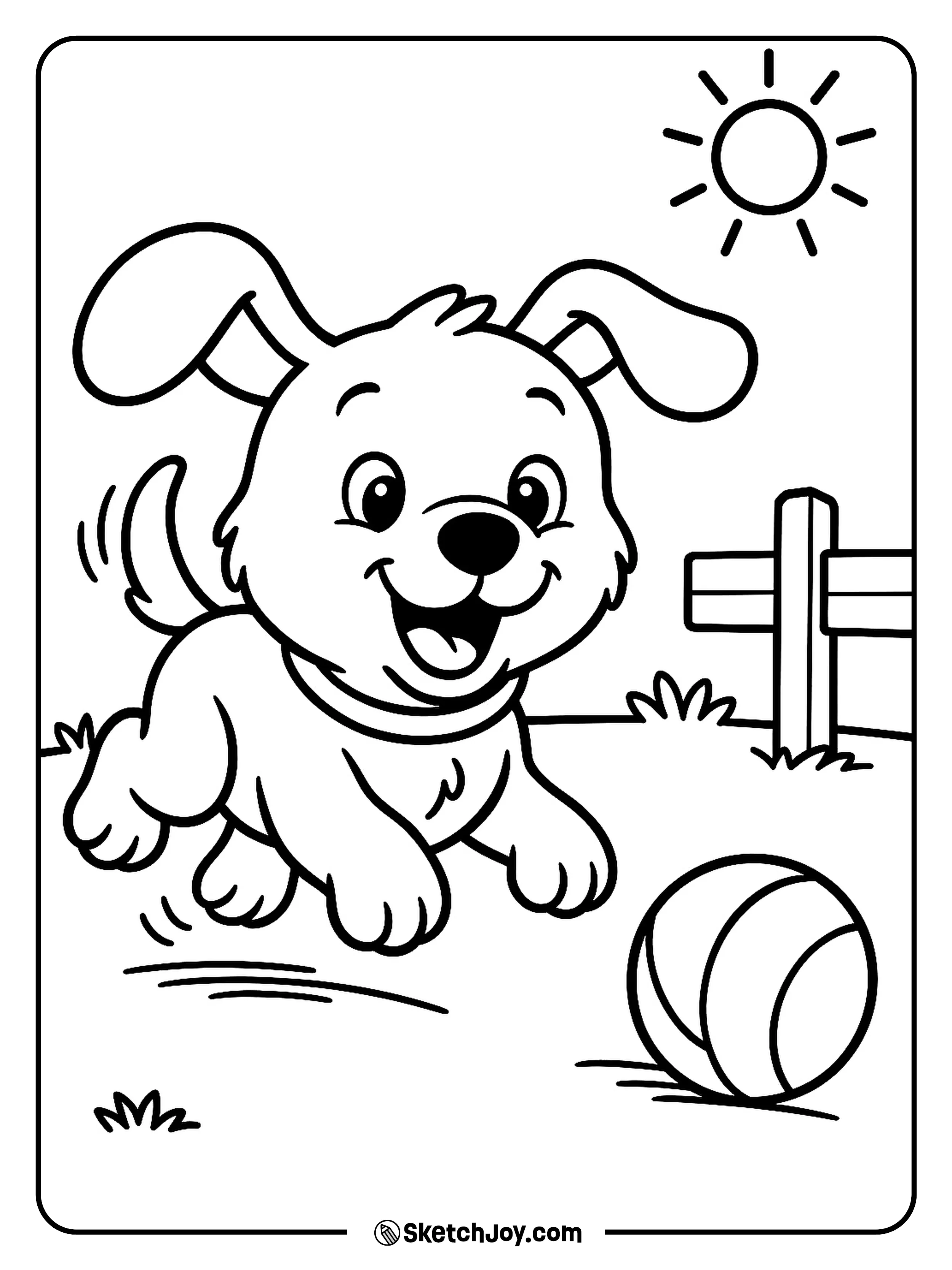 A happy little dog plays with a ball in a sunny backyard.
