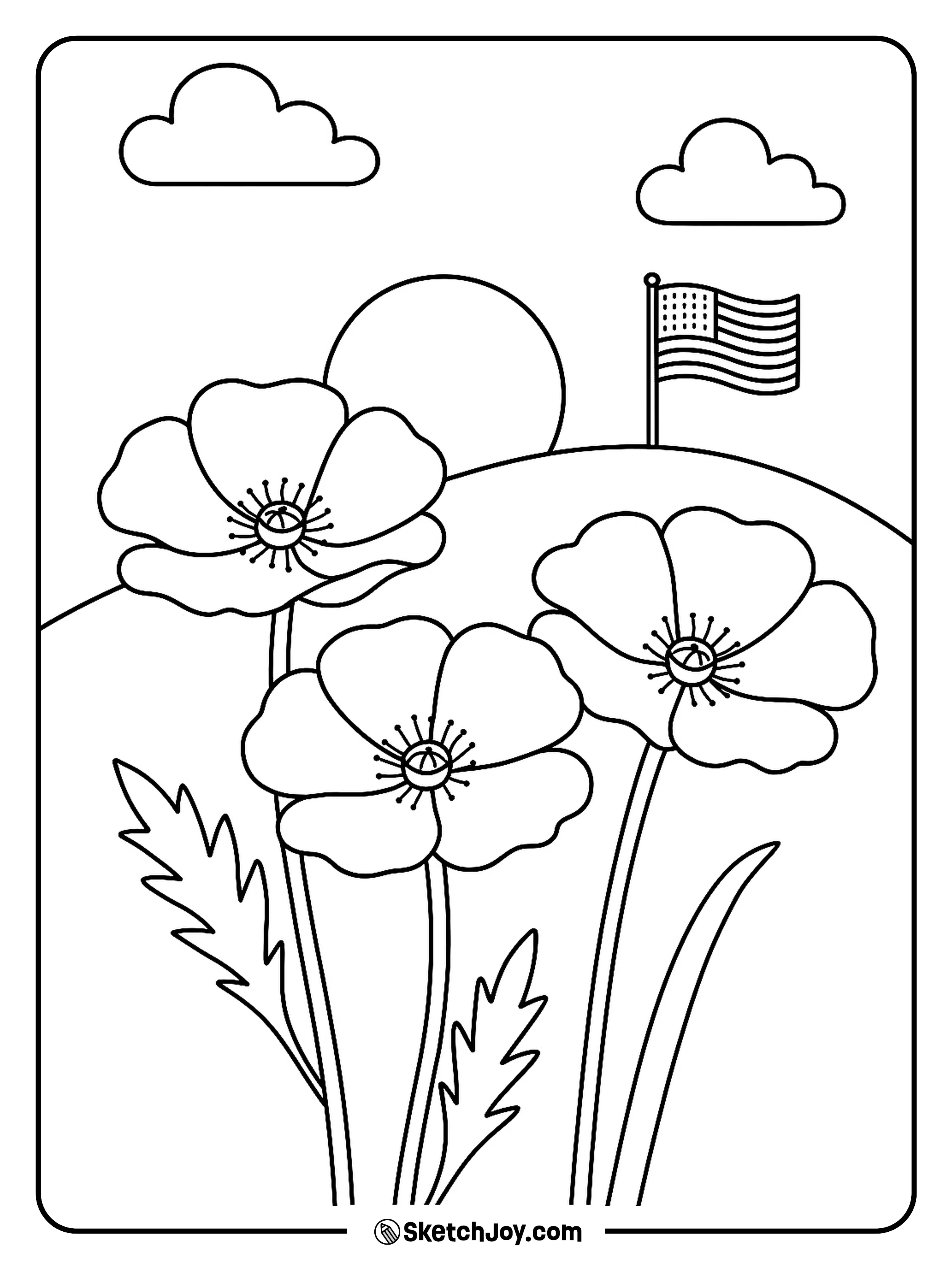 Big poppies sway under a small U.S. flag.