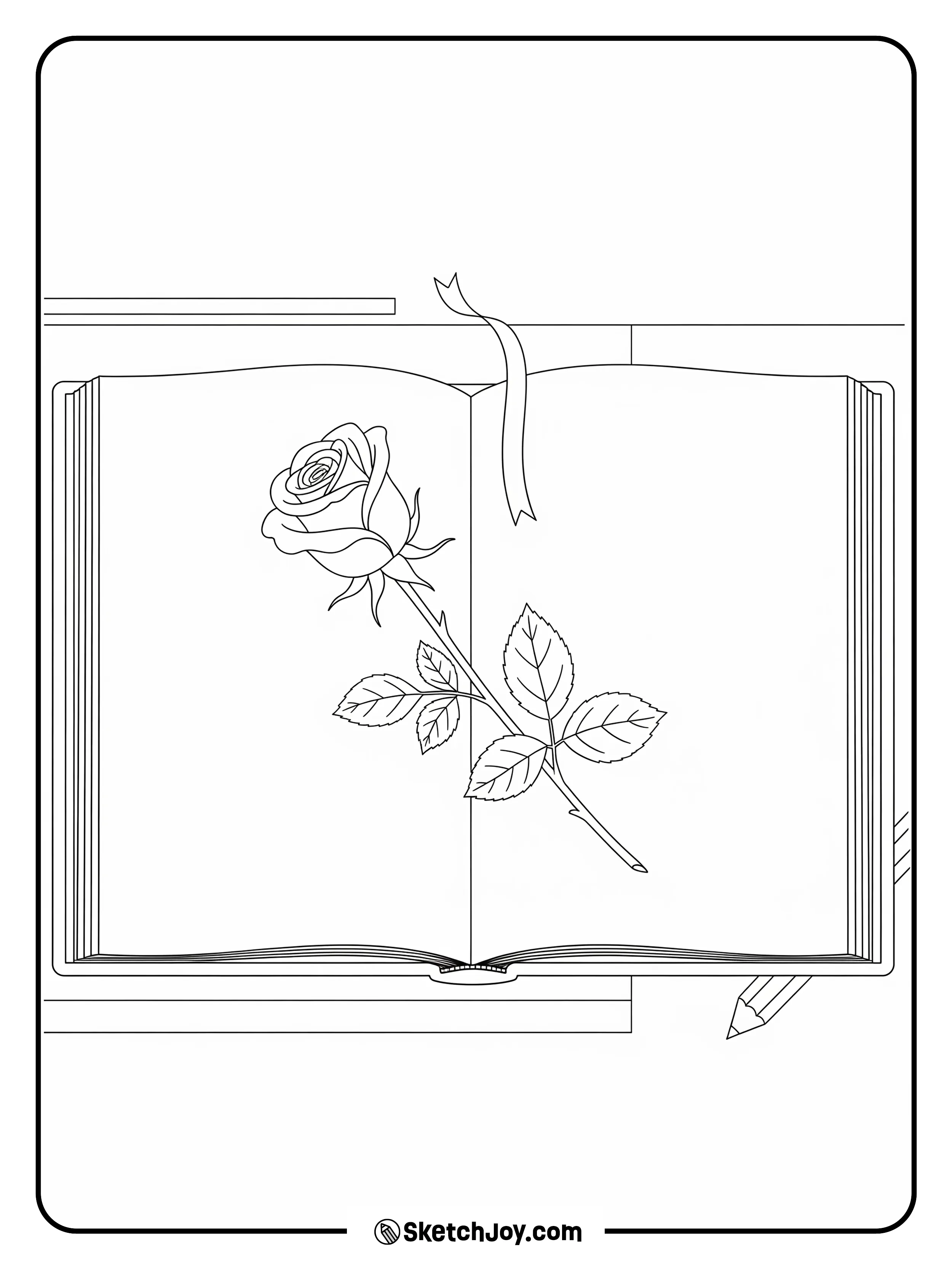 A rose dries inside an open book.