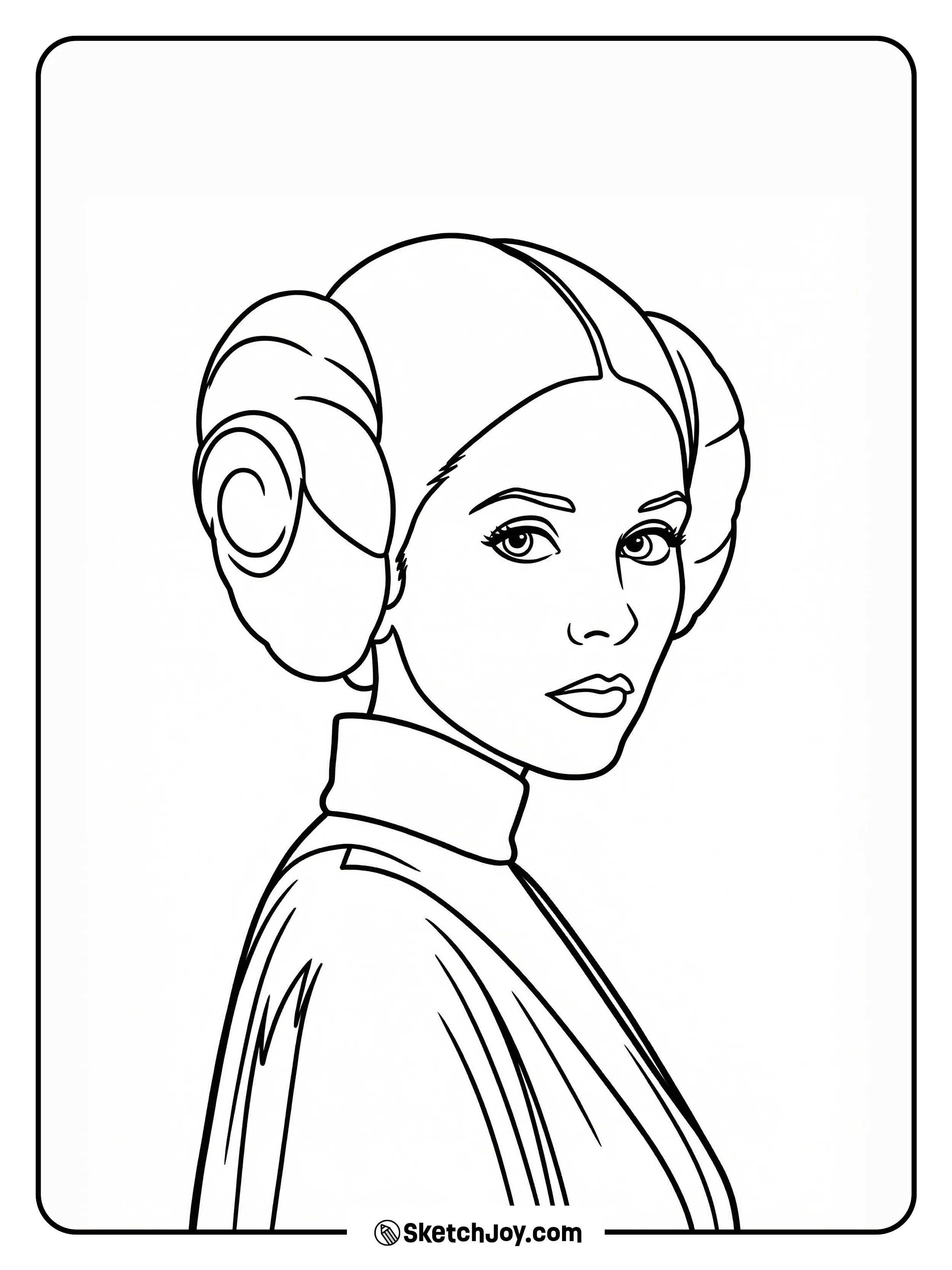 Leia in her robe and side buns, turned in profile.