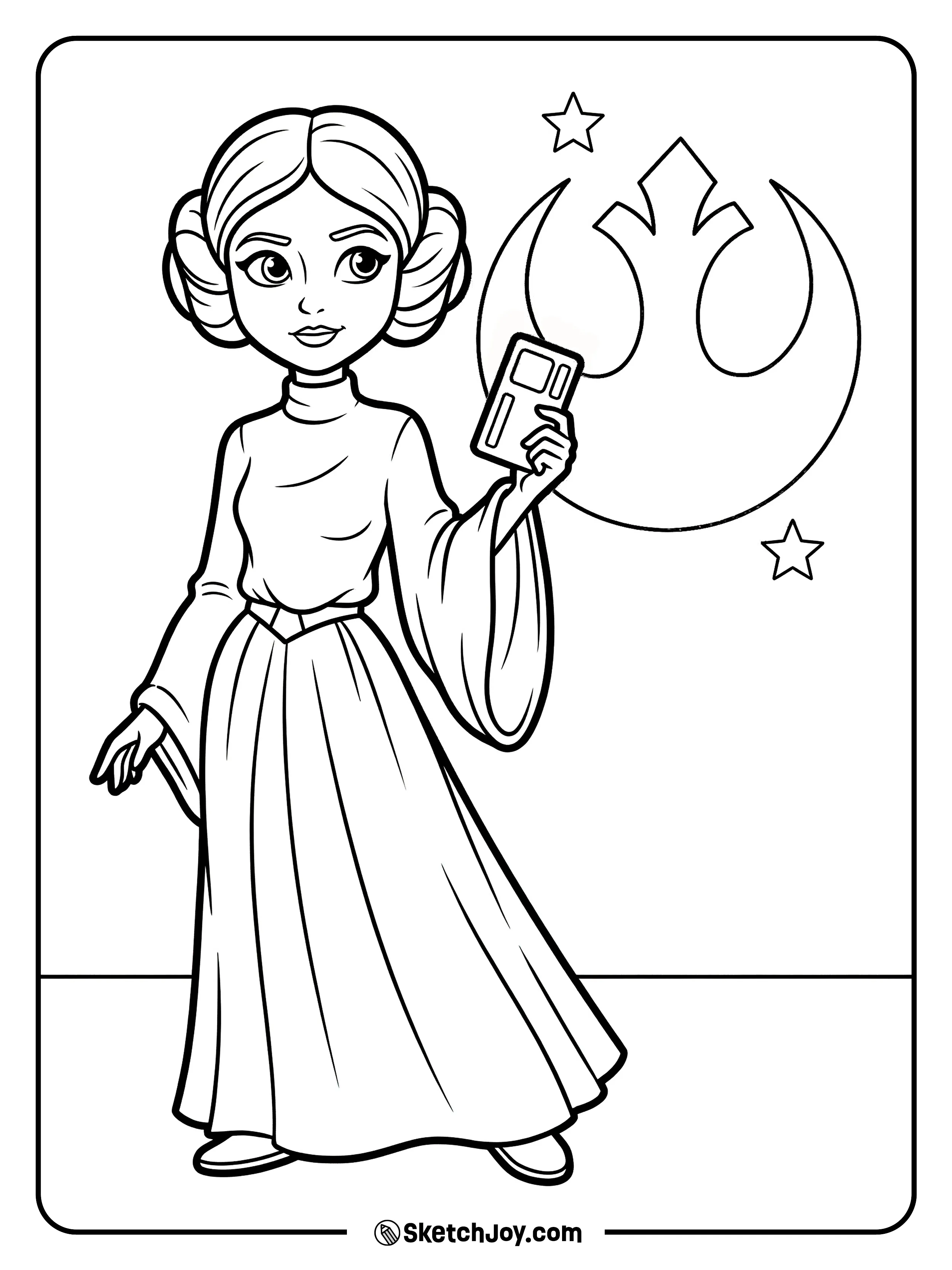 Leia stands firm with her classic buns and a calm smile.