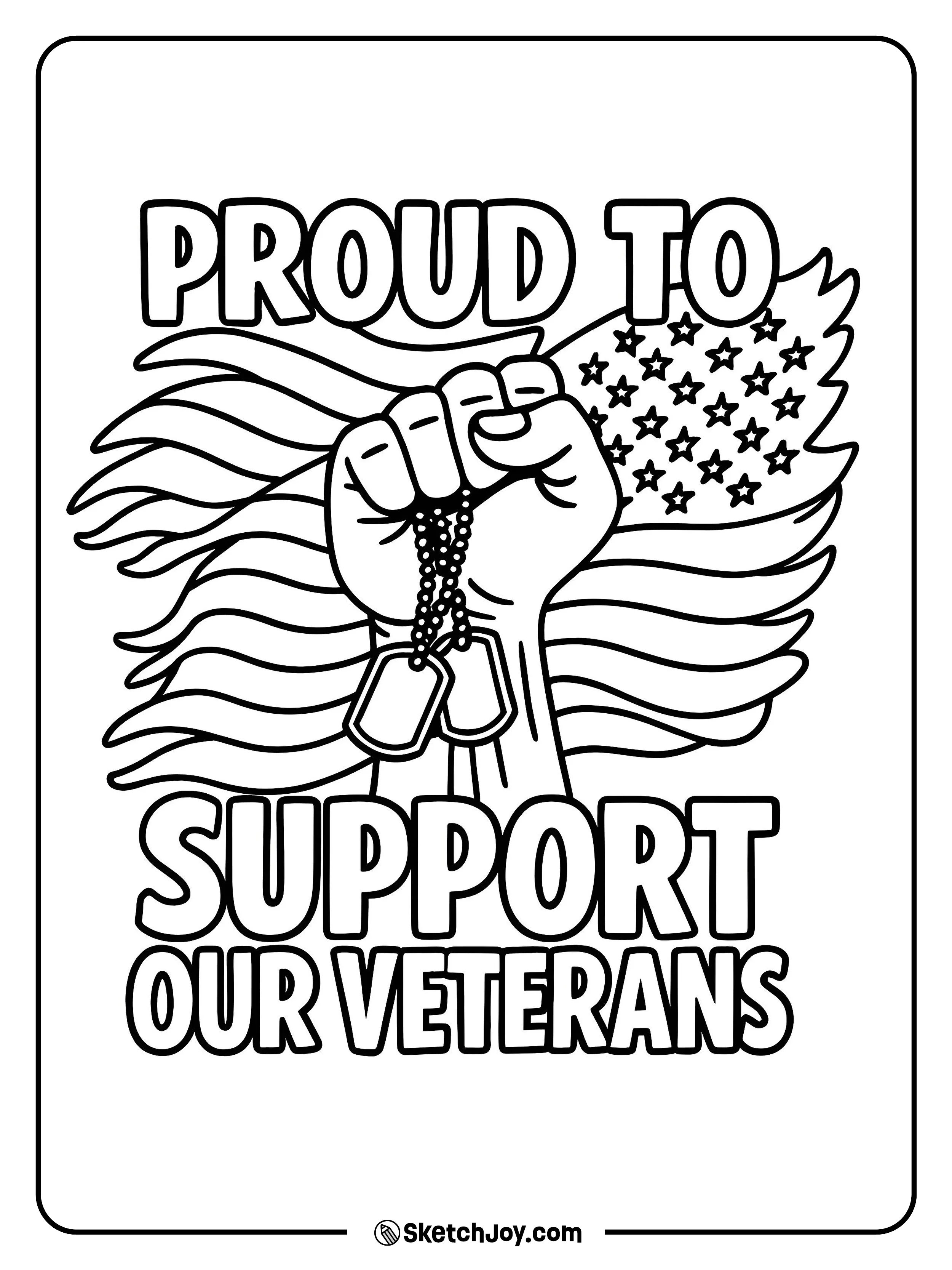 A raised fist with dog tags in front of a U.S. flag wave.