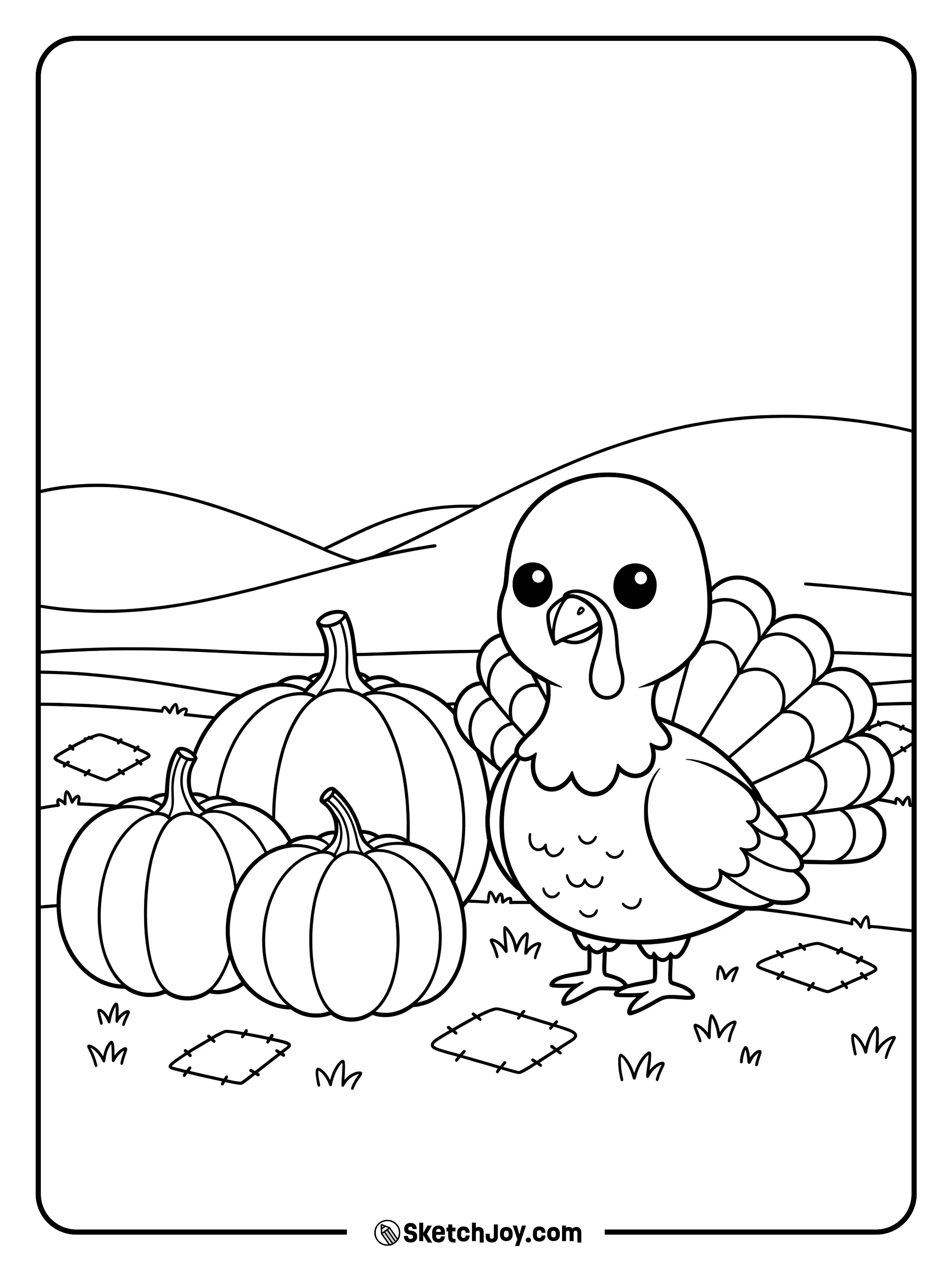 A cheerful turkey stands beside pumpkins and smiles.