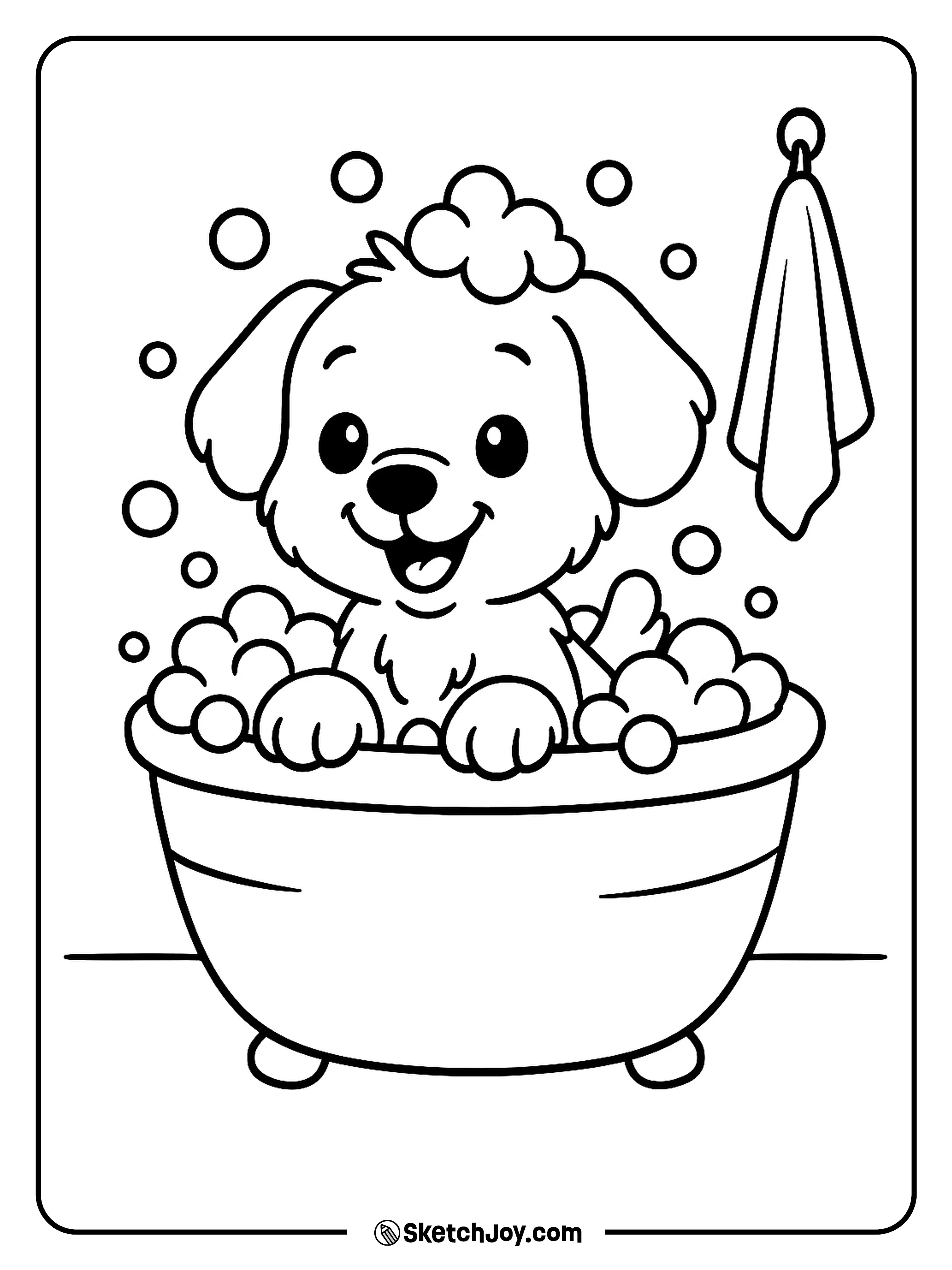 A cute puppy plays with soap bubbles in a tub.