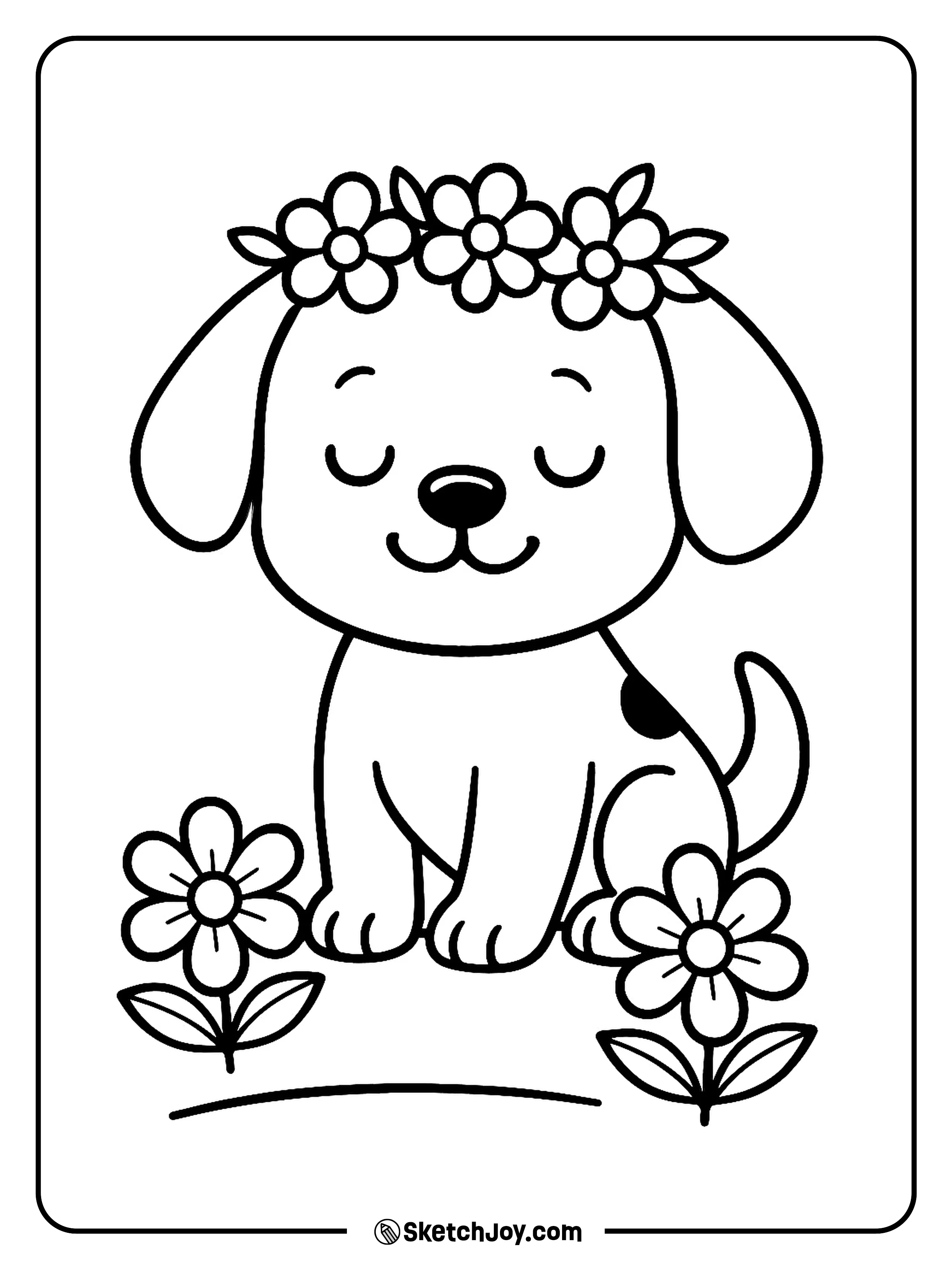 A gentle puppy wears a flower crown in a calm field.