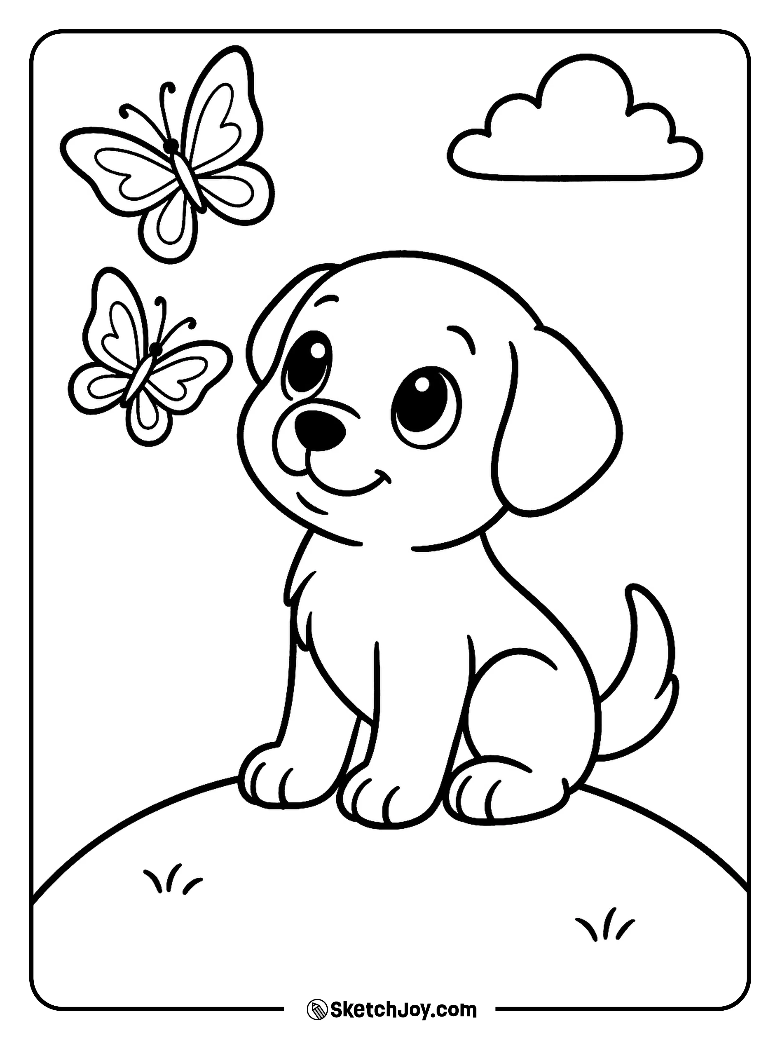 A sweet puppy looks at flying butterflies in a calm park.