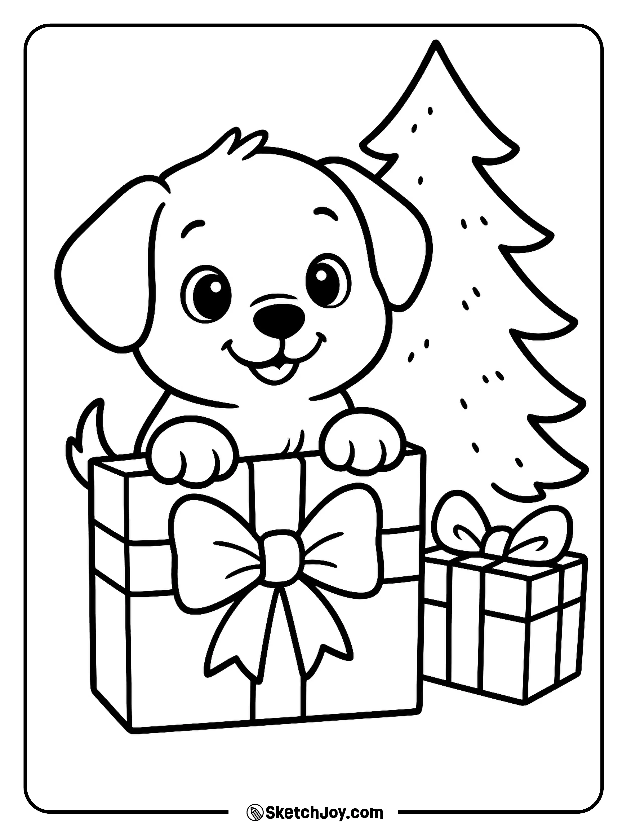A cute puppy pops out of a gift box with a big bow.