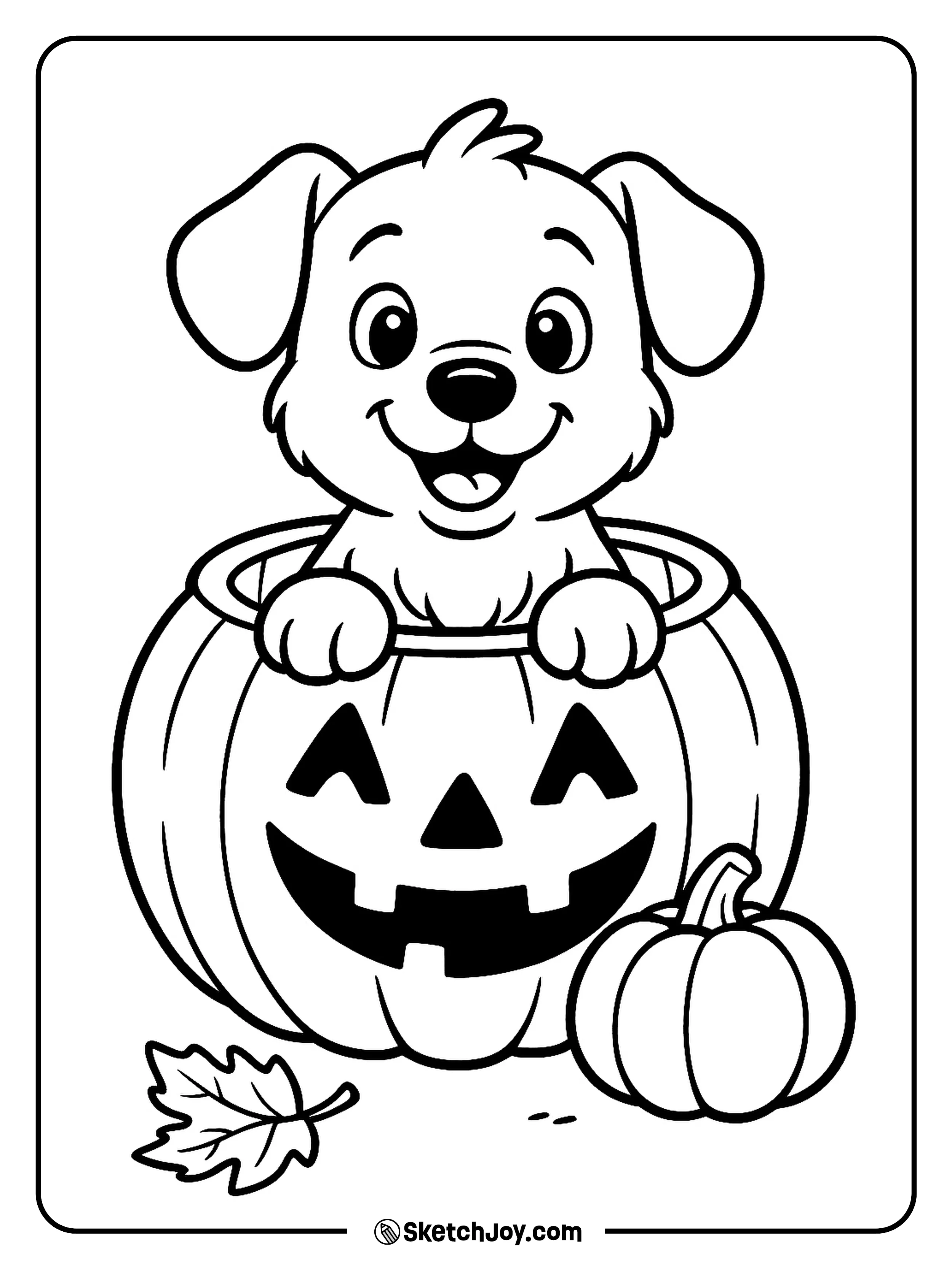 A playful puppy pops out of a carved pumpkin for fall fun.