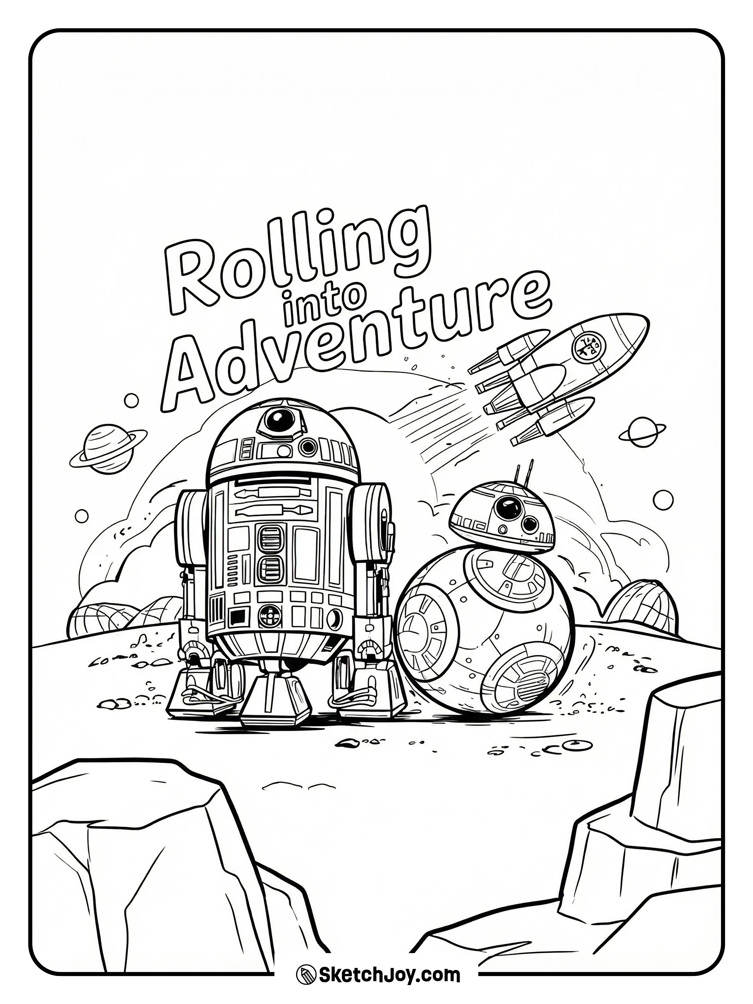 R2-D2 and BB-8 roll on a small planet with ships and clouds.