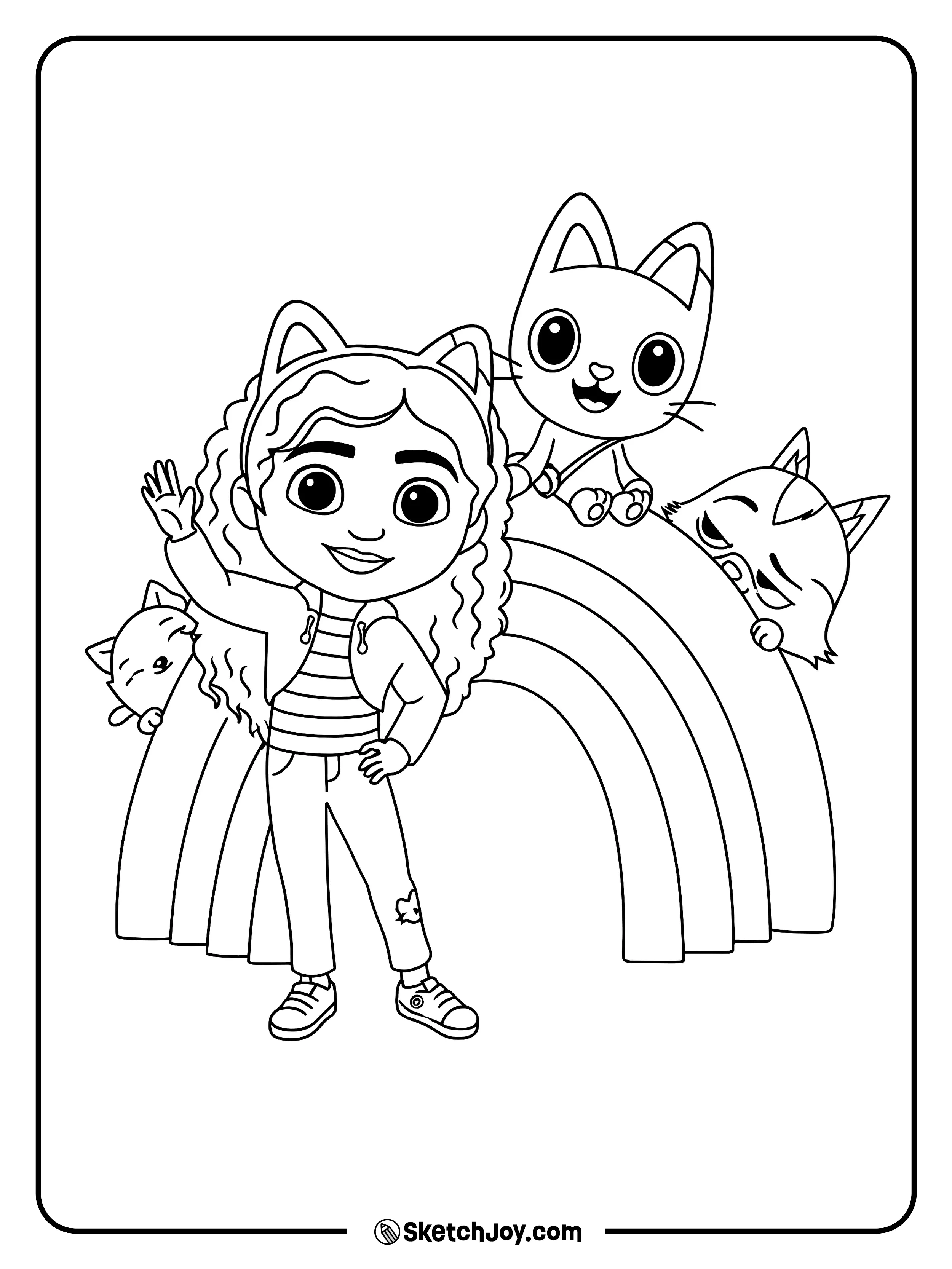 Gabby stands by a rainbow with Pandy Paws, Pillow Cat, and Baby Box peeking.