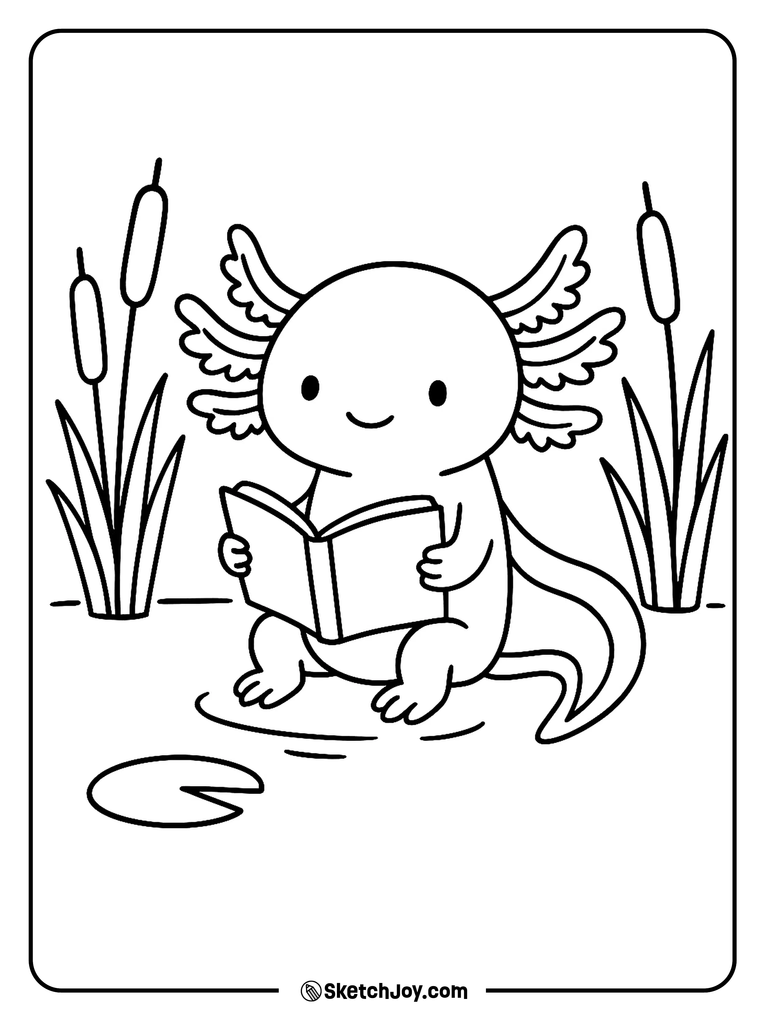 A cute axolotl reads a small book near tall reeds.